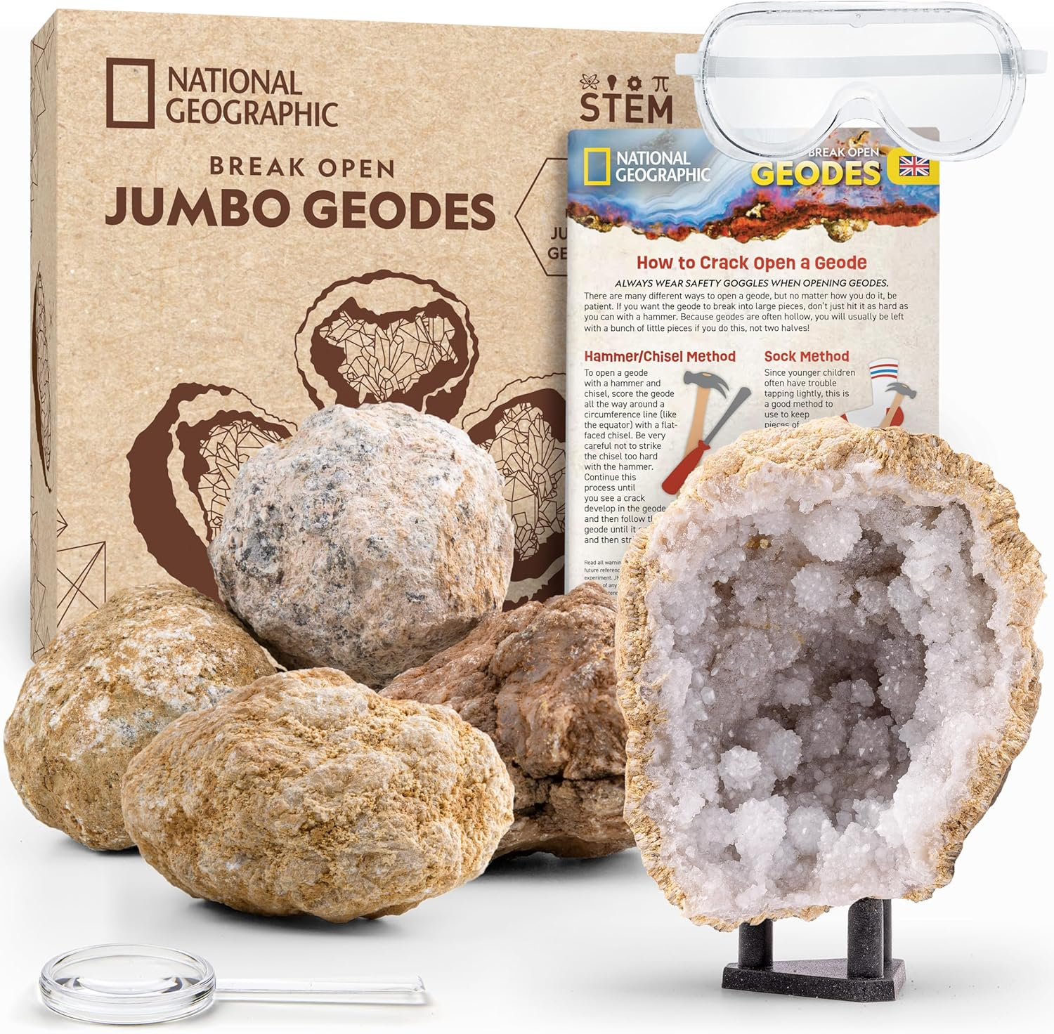 National Geographic Break Open 5 Jumbo Geodes Science Kit &ndash; STEM Science Gift for Boys & Girls, Break Your Own Geodes+ Goggles & Display Stand image number 5