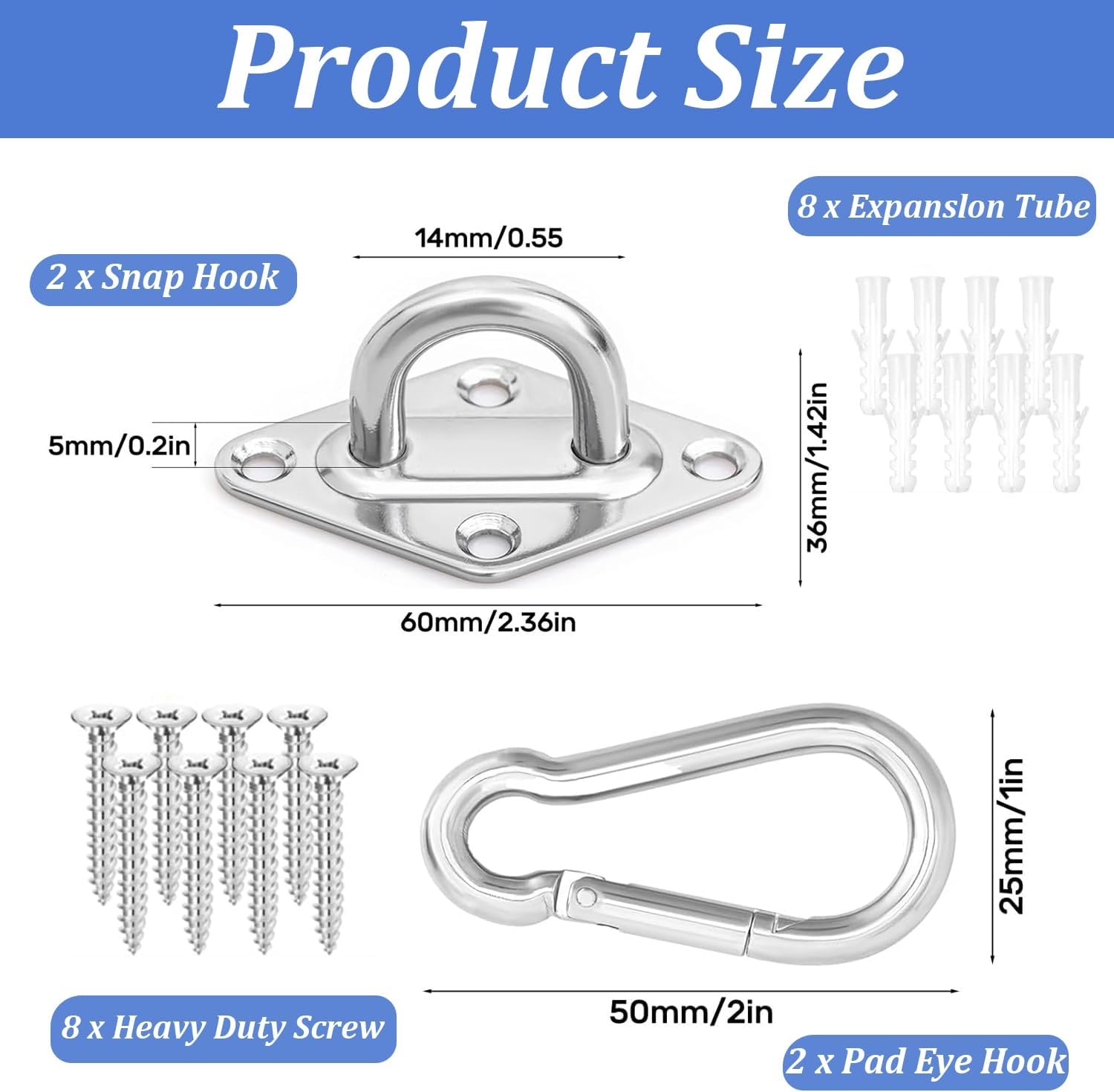 Xinghonyac 2 Pack Heavy Duty Hammock Hanging Kit, Stainless Steel 360&deg; Rotation Rustproof Hammock Hooks for Stand, Wall, Ceiling, Tree Swing, Hammock Chair, Indoor Outdoor Use image number 3