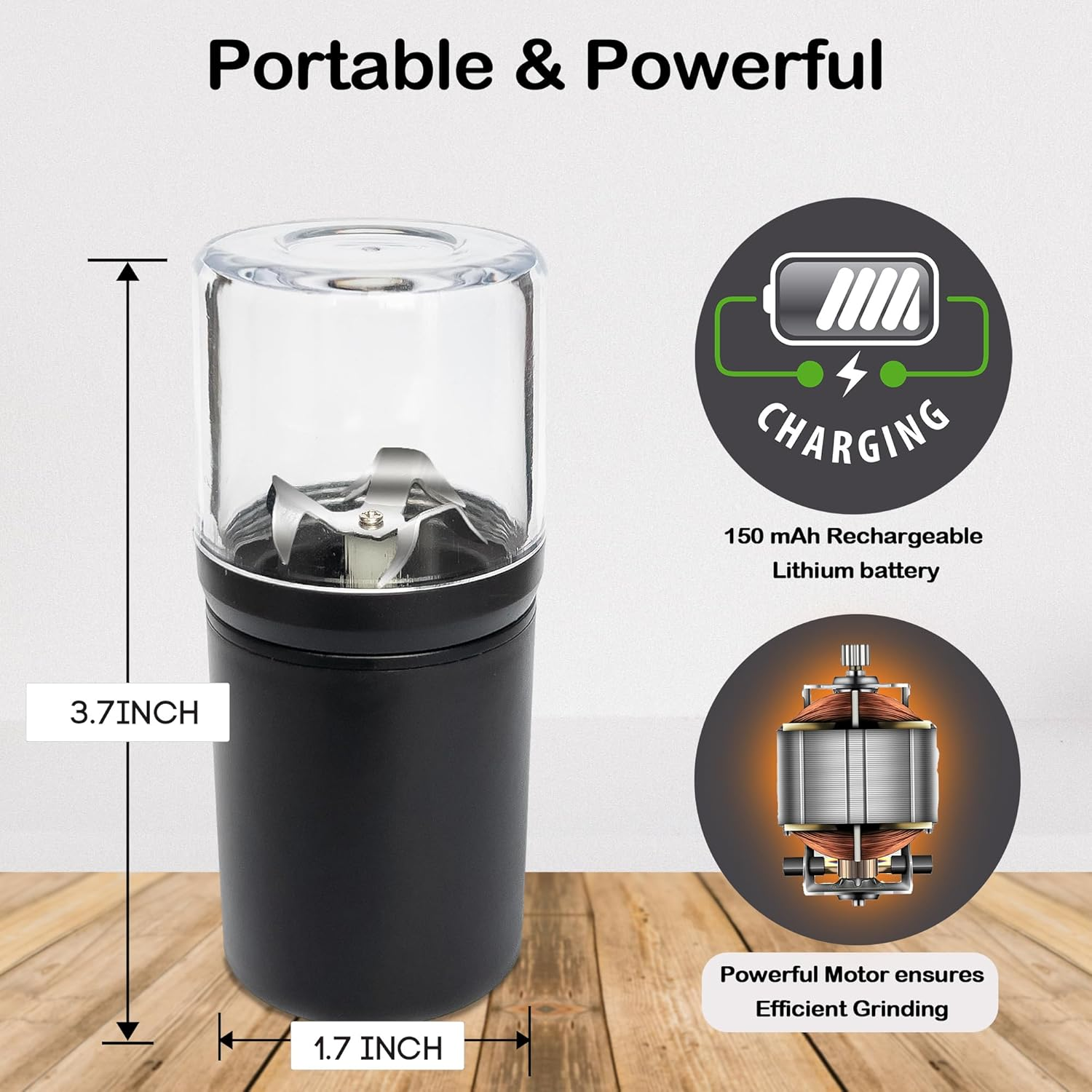 Electric Portable Herb Grinder with Stainless Steel Blades and Clear Grinding Chamber, Usb-Rechargeable Essential Kitchen Mill for Grinding by SAITAMA image number 1