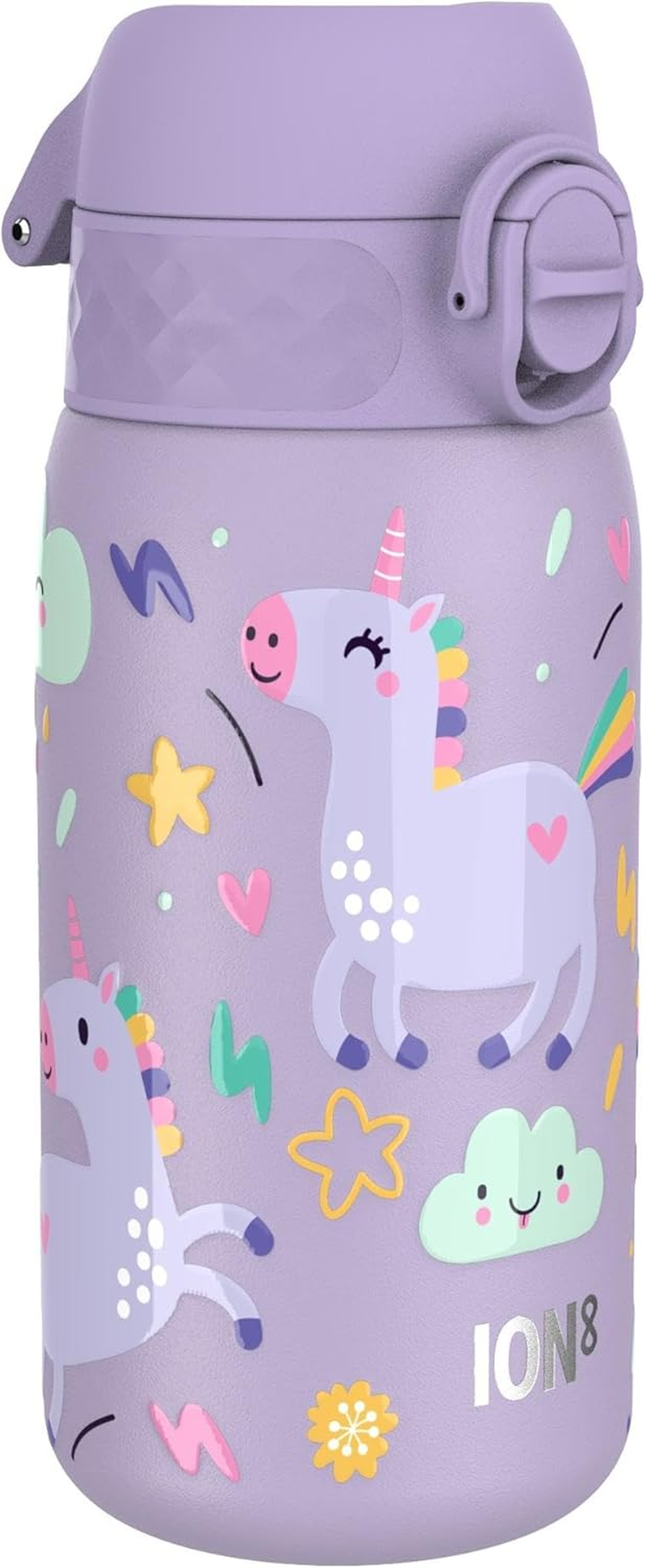 Ion8 Children'S Water Bottle, 350 Ml, Leak-Proof, One-Handed Opening, Secure Locking, Dishwasher Safe, Bpa-Free, Carry Handle, Folding Lid, Easy to Clean, Climate Neutral, Light Purple Unicorns