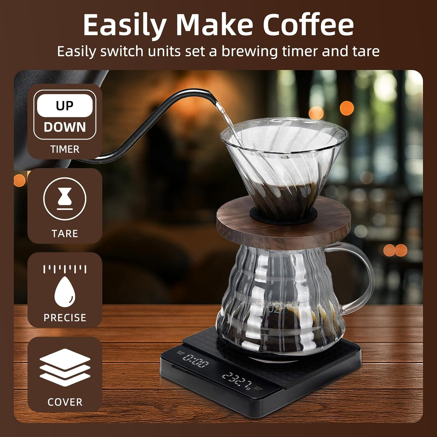 Coffee Scale with Timer, Espresso Scale, Food Scale, 3Kg/0.1G High Precision, with Waterproof Insulation Pad, for Pour-Over, Espresso, French Press, Kitchen Use, with Automatic Timing Function image number 1