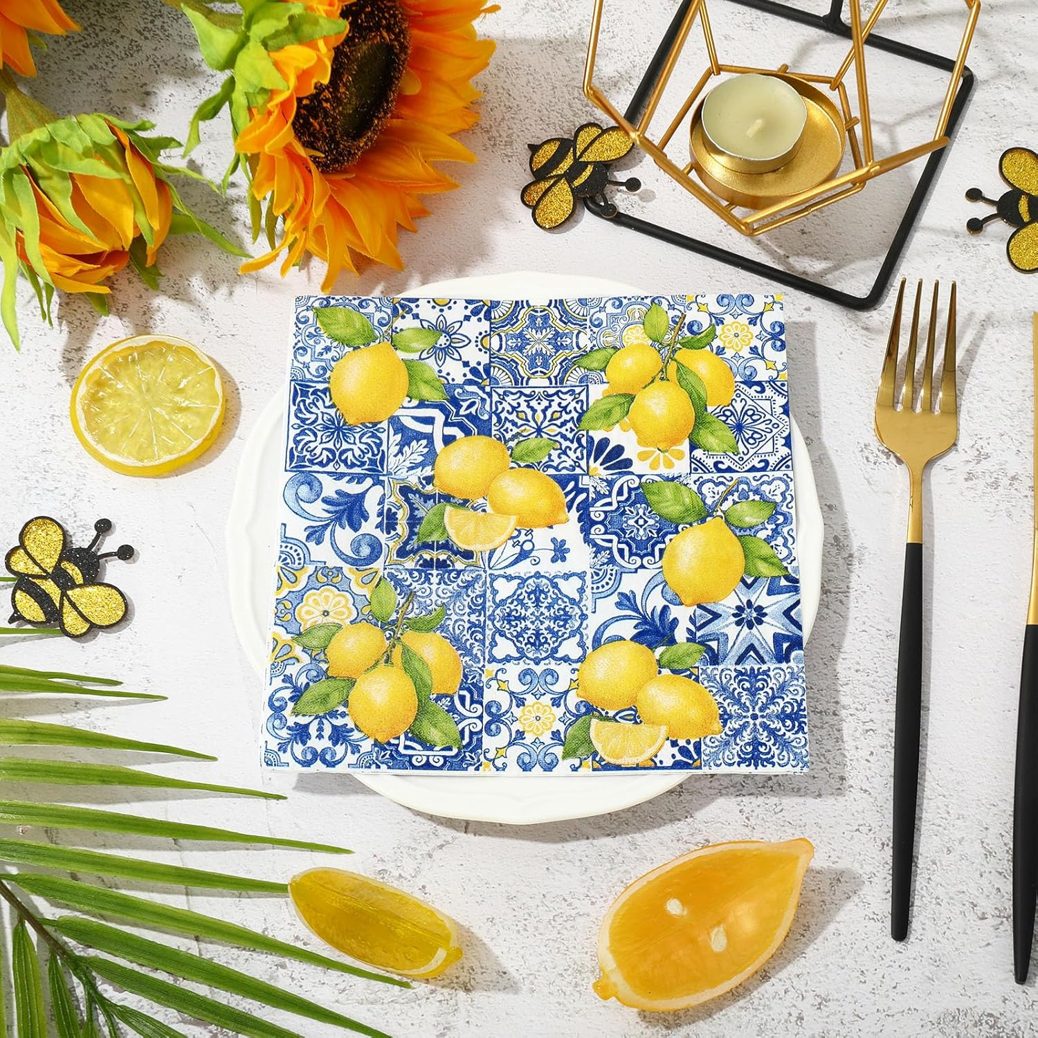 80Pcs Tiles Lemons Paper Napkins Blue Yellow Disposable Napkins Decorative Dinner Napkins Luncheon Napkins for Party Supplies Table Decor image number 2