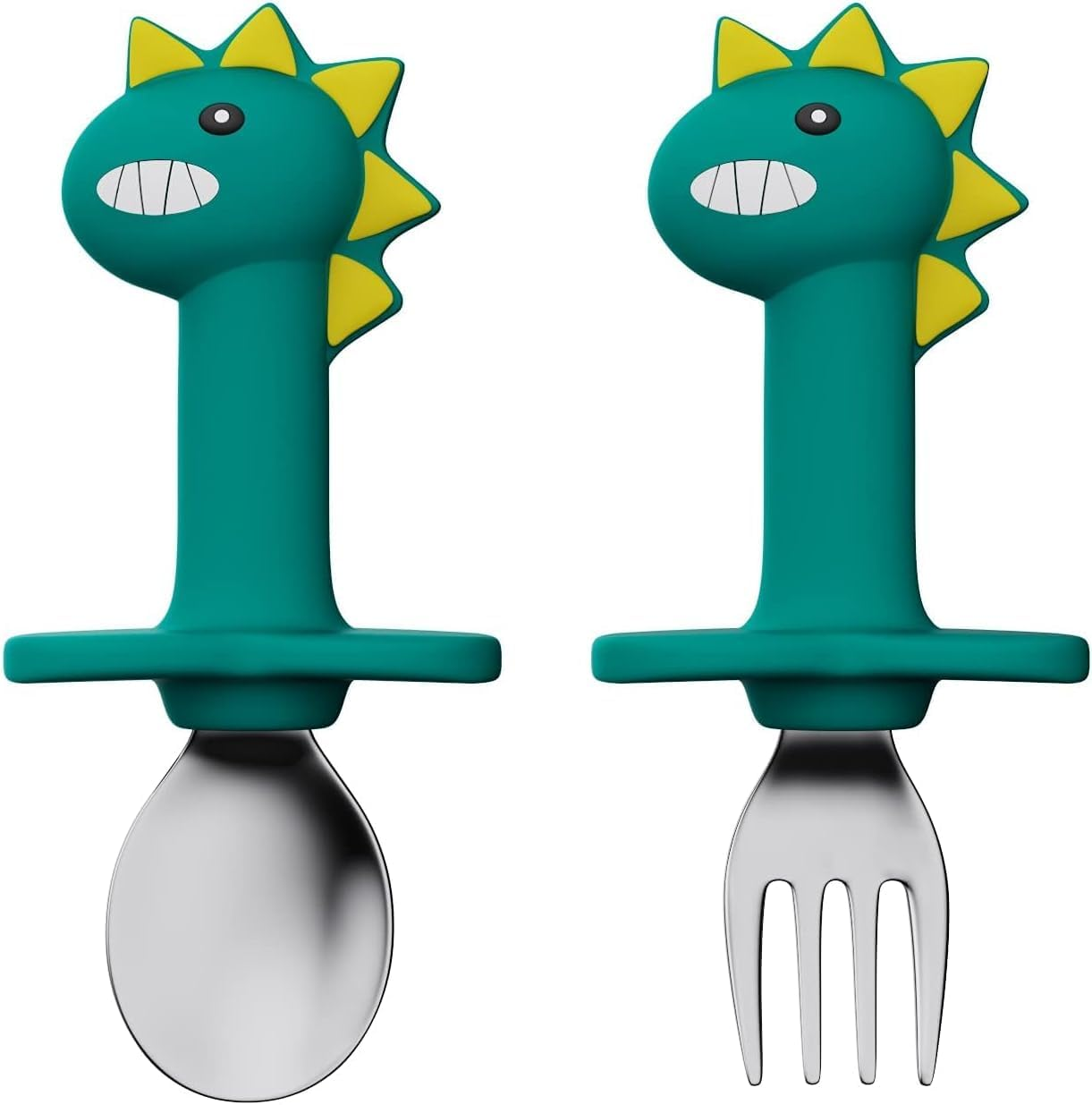 2 Pieces Toddler Utensils Stainless Steel Forks and Spoons Safe Children'S Cutlery Set, Handle Cartoon Cute for Baby, Silicone Holding Anti-Choke Design (Green Dinosaur) image number 5
