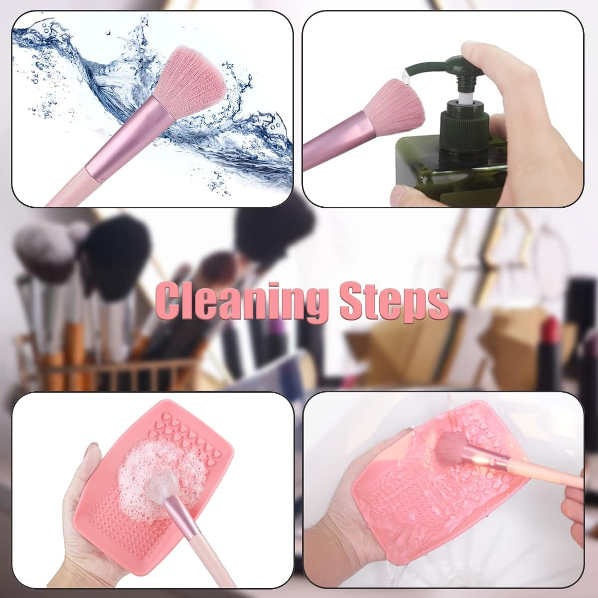 Makeup Brush Cleaning Mat, Silicone Make up Brush Cleaner Pad, Paint Brush Cleaner Tool with Back Strap, Portable Beauty Makeup Washing Tool Makeup Brushes for All Brushes (Pink+Green) image number 5