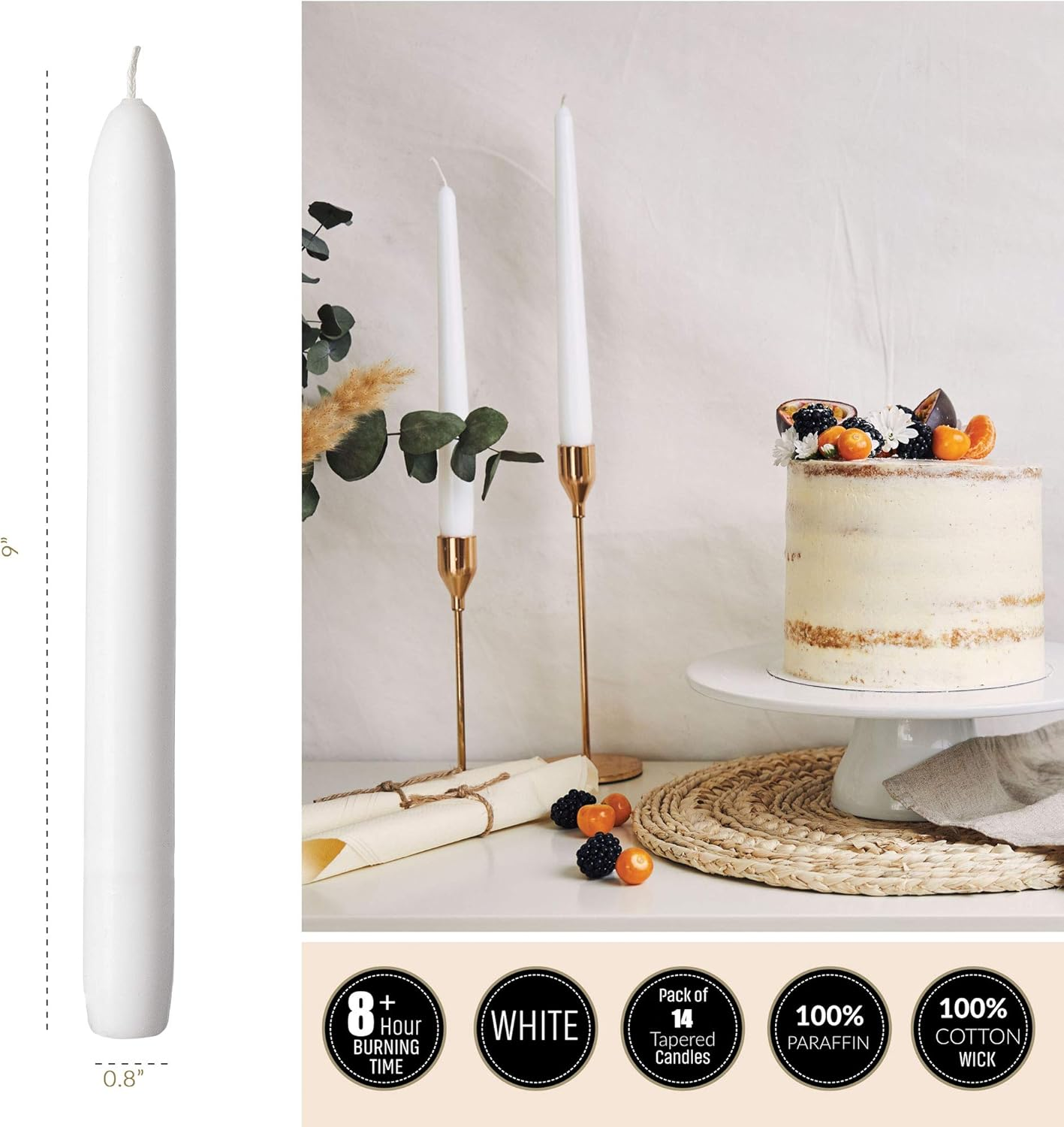 SPAAS Unscented White Candle Sticks - 14 Pack Dripless Tapered 9" Tall Candles - 8 Hour Burning Premium Candlesticks for Home Decoration, Wedding, Holiday and Parties image number 1
