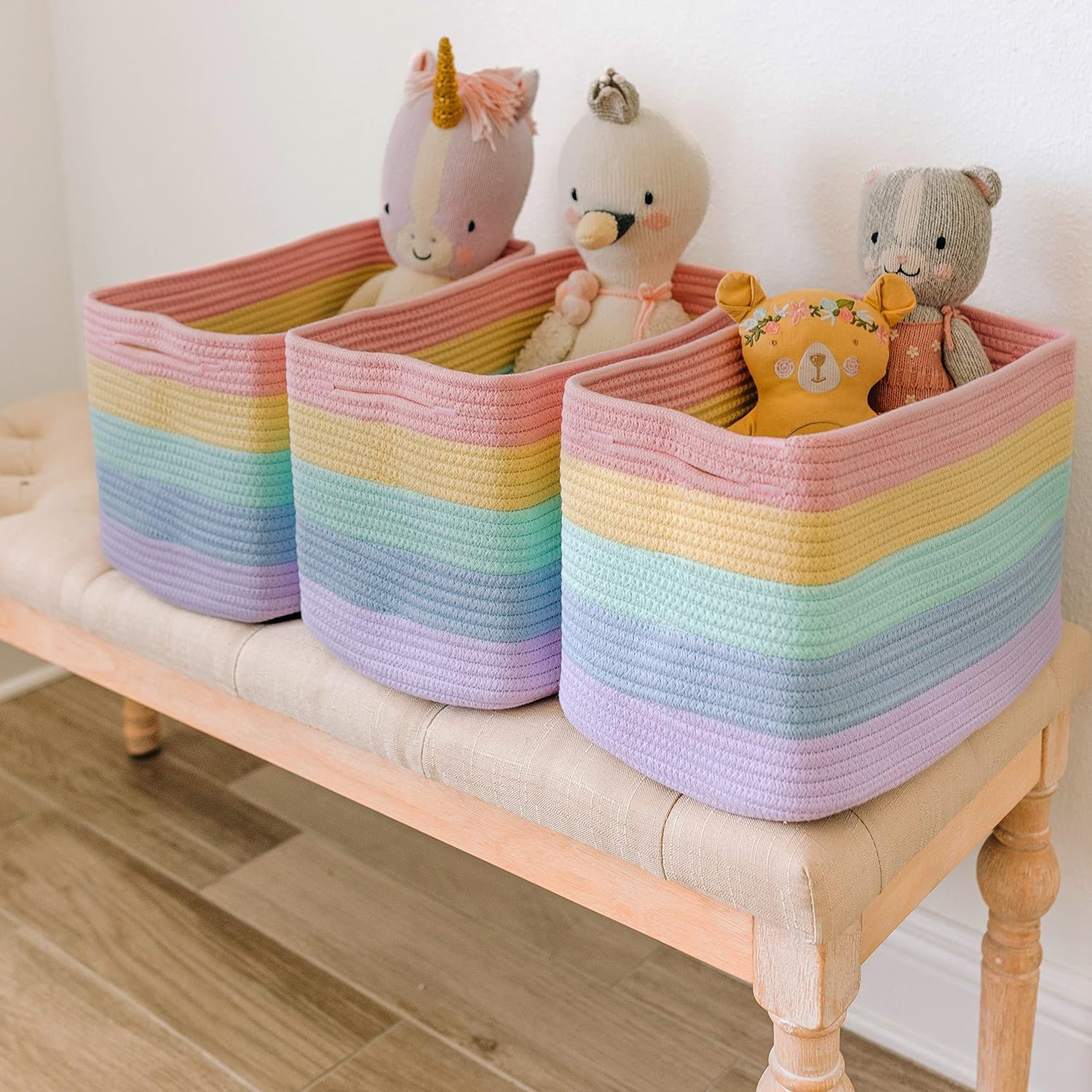 Organihaus Set of 3 Cute Rainbow Storage Basket for Toys & Cloths | Cotton Rope Basket for Decor | Shoe Basket Organizers & Storage | Decorative Storage Baskets & Bins | Woven Baskets for Storage image number 3