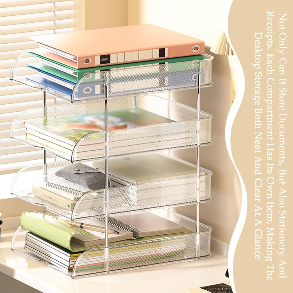 Transparent Stackable Storage Box (4 Pack), File Rack with Non-Slip Strips, Desktop Multi-Layer Storage Rack, for Store Books, Magazines, Folders, File Paper, Notes and Pens image number 4