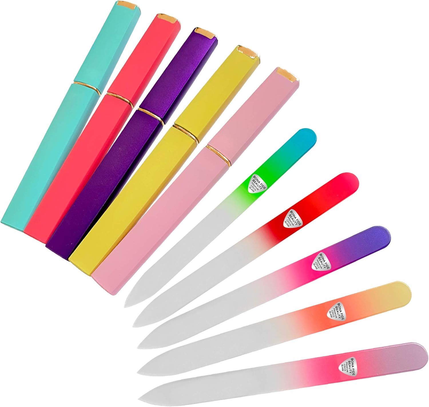 Bona Fide Beauty Glass Nails Files, Professional Manicure Czech Glass Fingernail Files with Cases, Gentle Precision Filing, Leaves Nails Smooth - 5-Piece