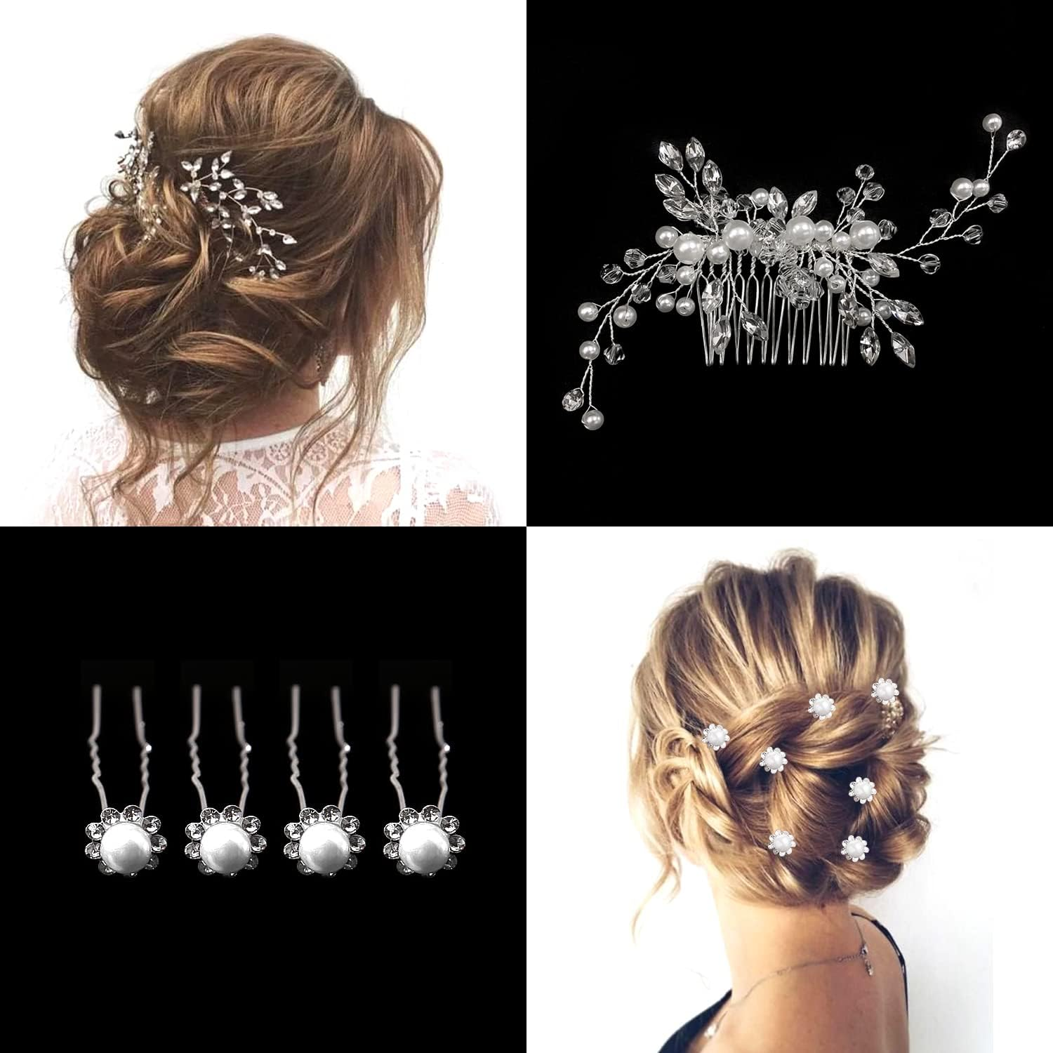 1 Pack Pearl Flower Hair Clips with 4 Rhinestone Pearl Hairpins U Shaped Hair Pins for Women Girls Bridesmaids Wedding Hair Accessories image number 5