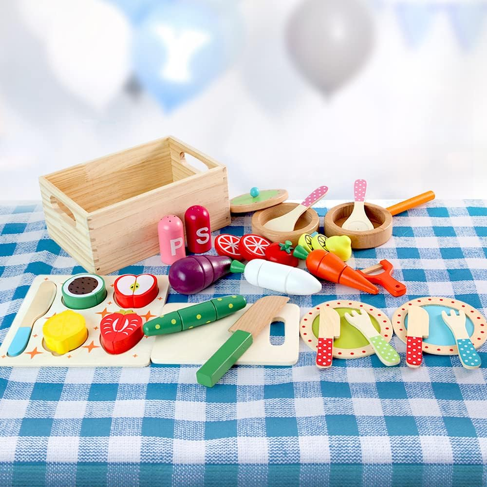 Keezi Kids Kitchen Set 29Pcs Pretend Play Food Playset Wooden Toys Children Cooking Cookware Sets Knife Safe Cutting Veggies Fruits Toy Home Cubby Furniture, Magnetic Connected Multicoloured image number 2
