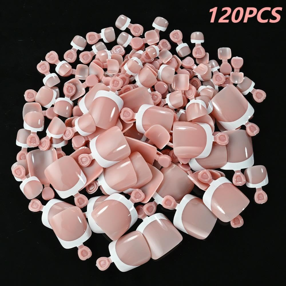 120 Pcs White Edge Pink Fals Toenails - Pink Full Cover False Nails Short Square Shape, Odourless Gel Toe Nail Covers for Women (Natural Look Pedicure Essentials) image number 4