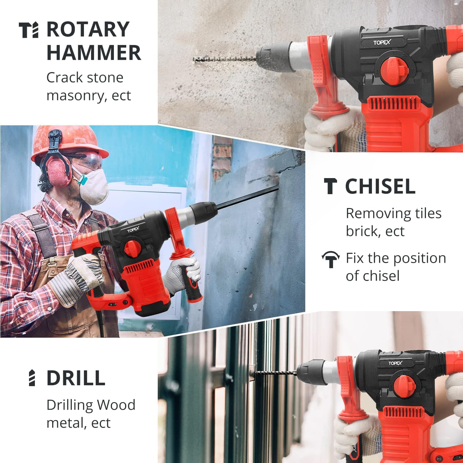 TOPEX 1500W SDS plus Rotary Hammer Drill Havey Duty Impact Hammer image number 1