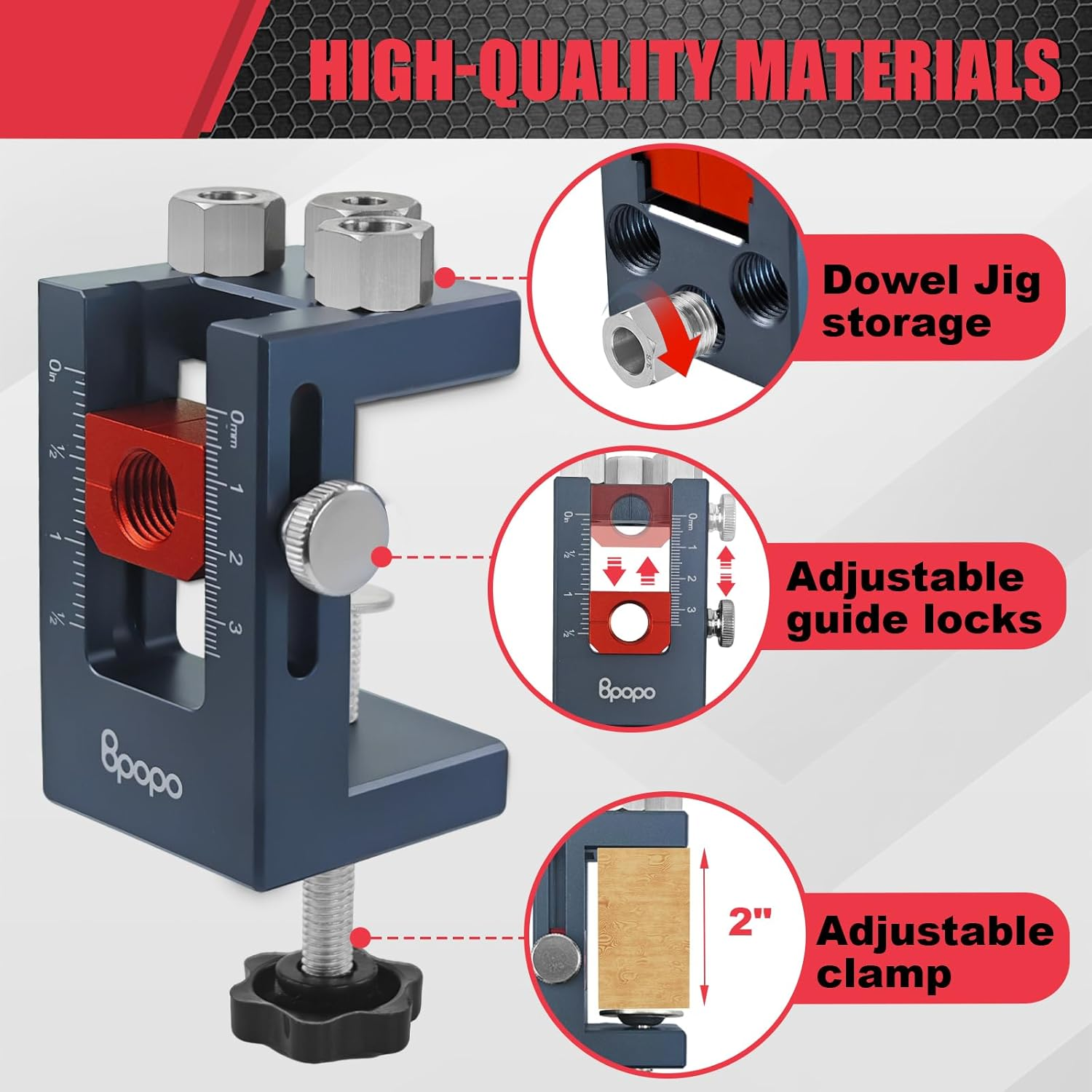 Self-Centering Doweling Jig Kit for Woodworking &ndash; Adjustable Width Dowel Jig for Straight Holes with 3 Drill Guide Bushings & 3 Drill Bits (1/4'',3/8'',5/16'')，Woodworking Joints Tools image number 5