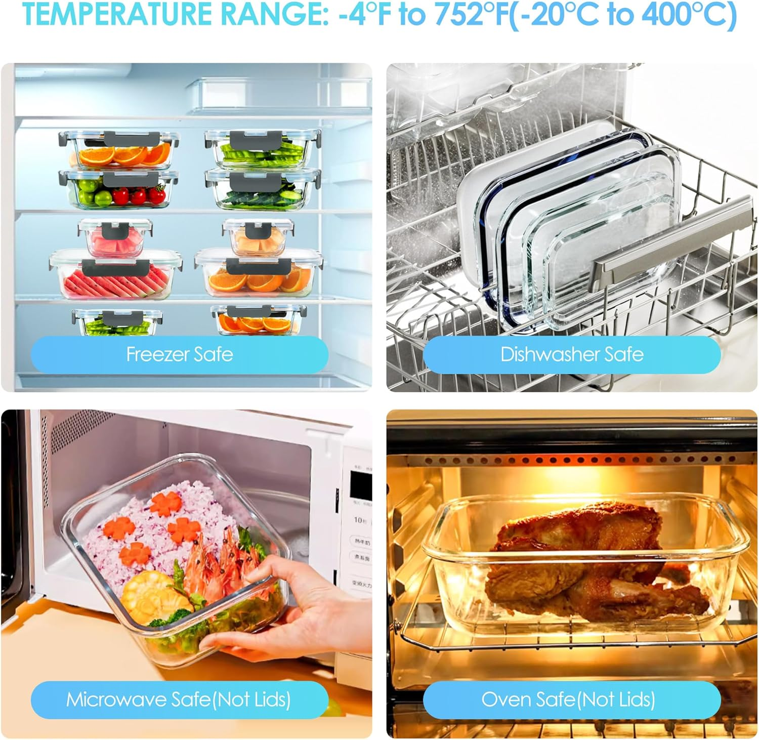 Welbellete 10 Pack Glass Food Storage Containers with Snap Lids (1040ML & 370ML) - Airtight Glass Meal Prep Containers, Leakproof Glass Lunch Containers for Microwave, Oven, Freezer and Dishwasher image number 1