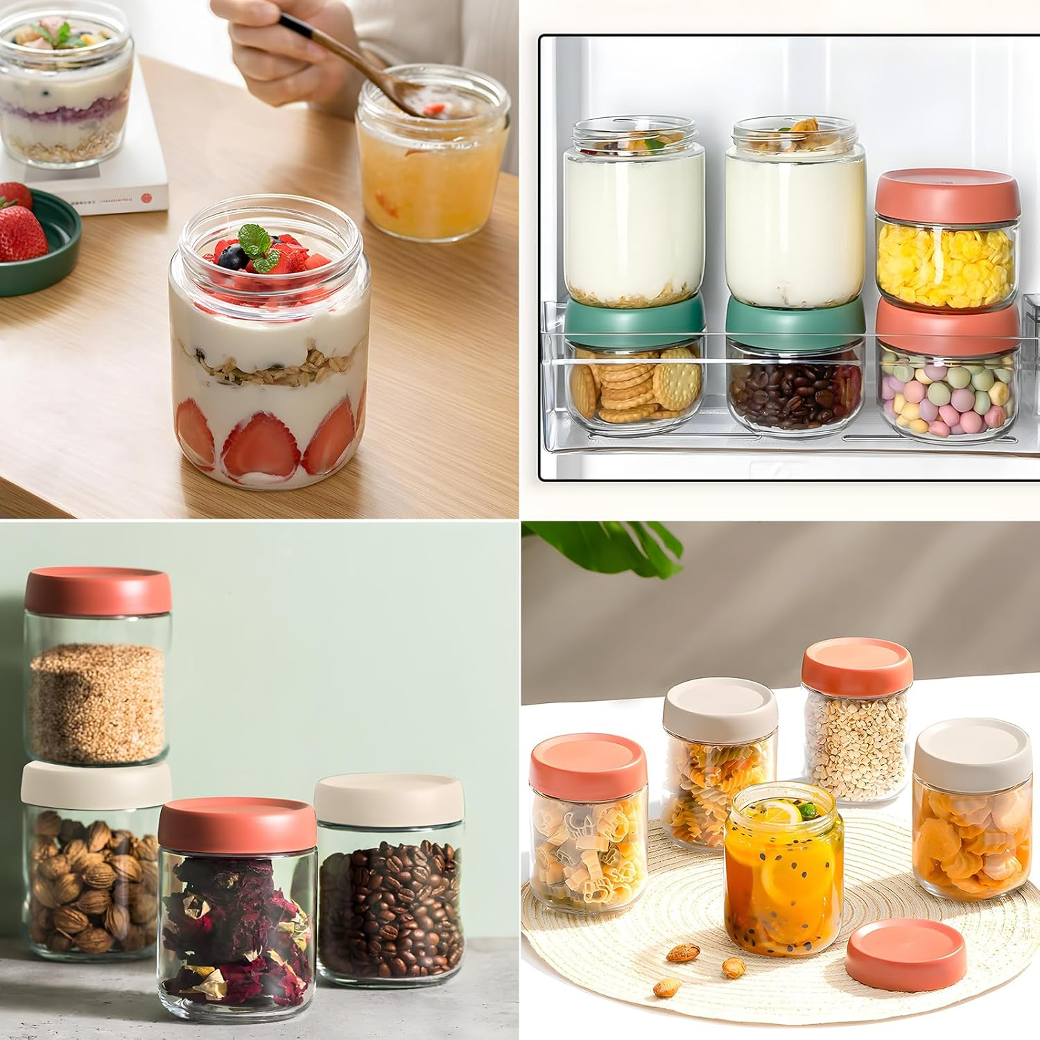 8 Pcs 480Ml/16Oz Overnight Oats Container Glass Jar with Lids, Meal Prep Food Storage Glass Containers, Wide Mouth Overnight Oats Mason Jars for Snacks Yogurt Chia Pudding Cereal Breakfast