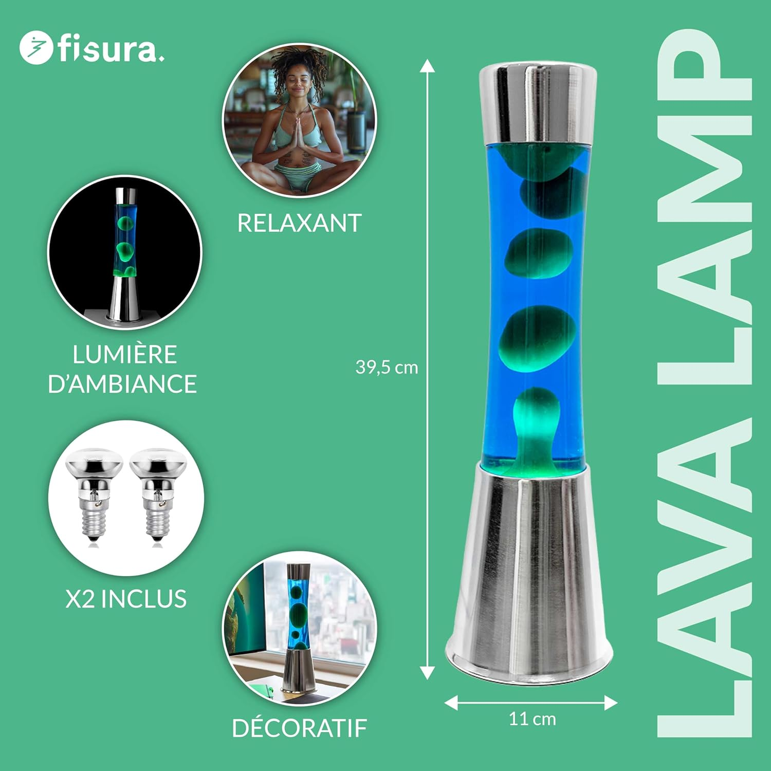 Fisura Lava Lamp with Chrome Base, Blue Liquid and Green Lava, Relaxing Effect, with Spare Bulb Included, Dimensions 11 Cm X 11 Cm X 39.5 Cm image number 6