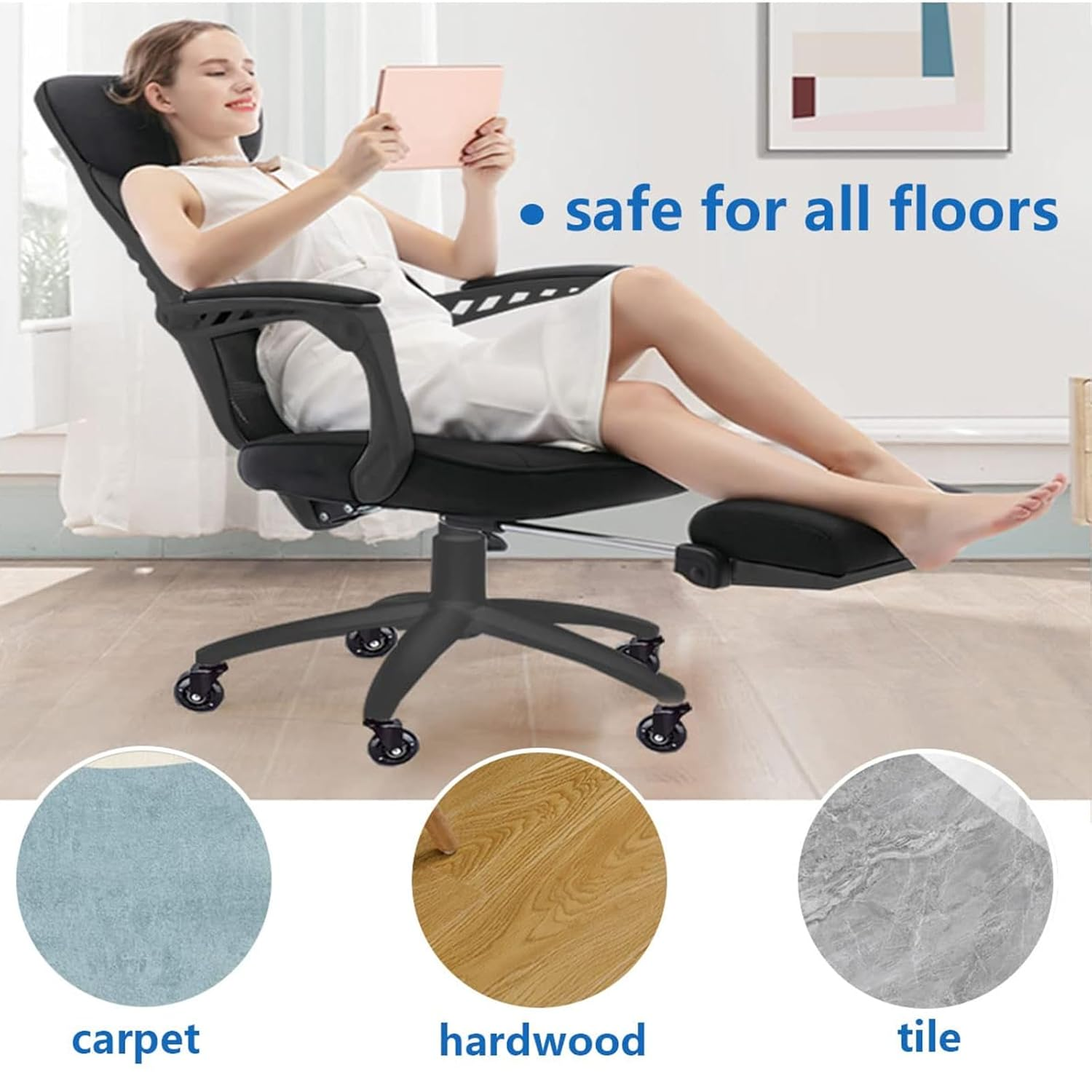 Office Chair Wheels, 3 Inch Heavy Duty Casters for All Floors, Universal 11X22Mm Stem, Set of 5, Black