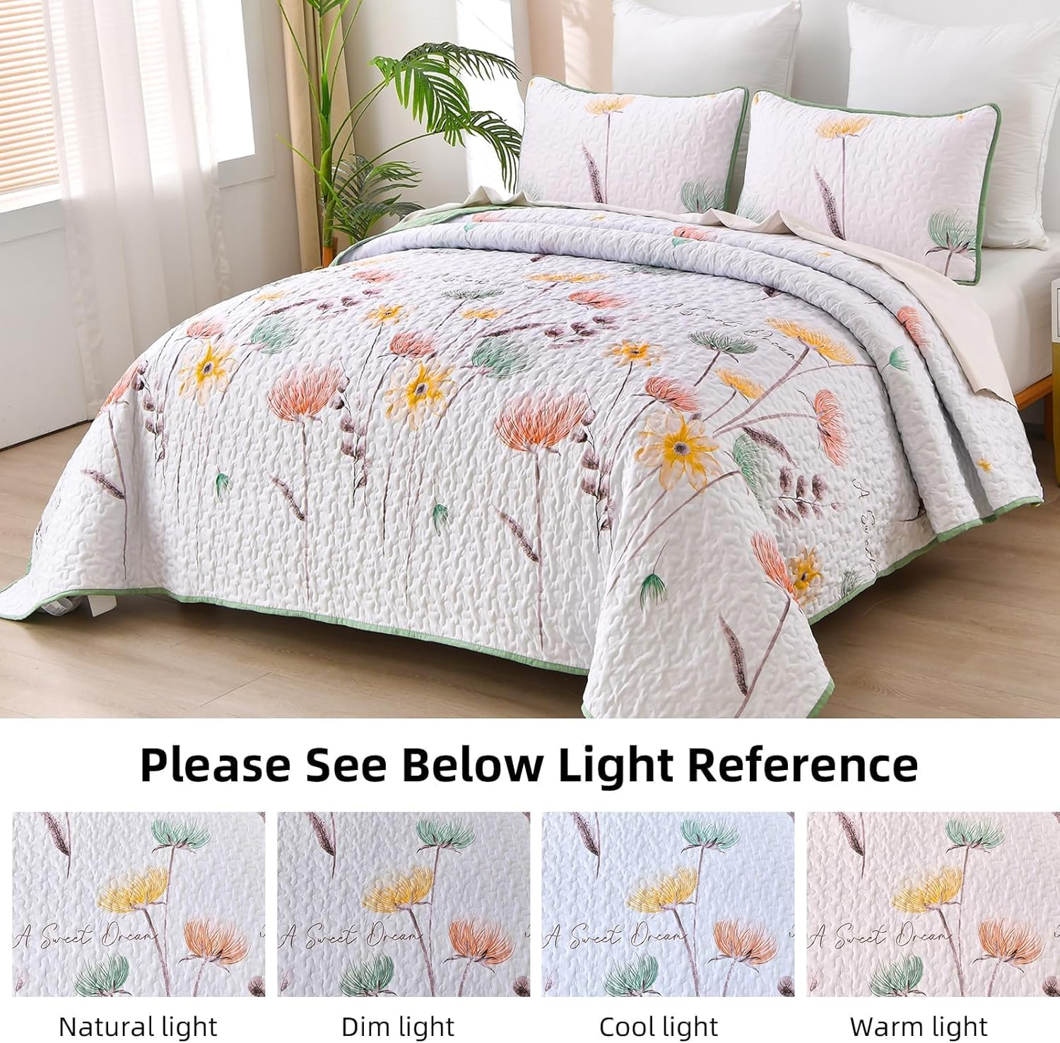 Floral Quilt Set Queen Size,Sage Green Bedspread Coverlet Botanical 3 Pieces Fall Quilts Microfiber Lightweight Bedspreads White Soft Reversible Bed Cover Sets for All Season(Queen, 90"X96") image number 6