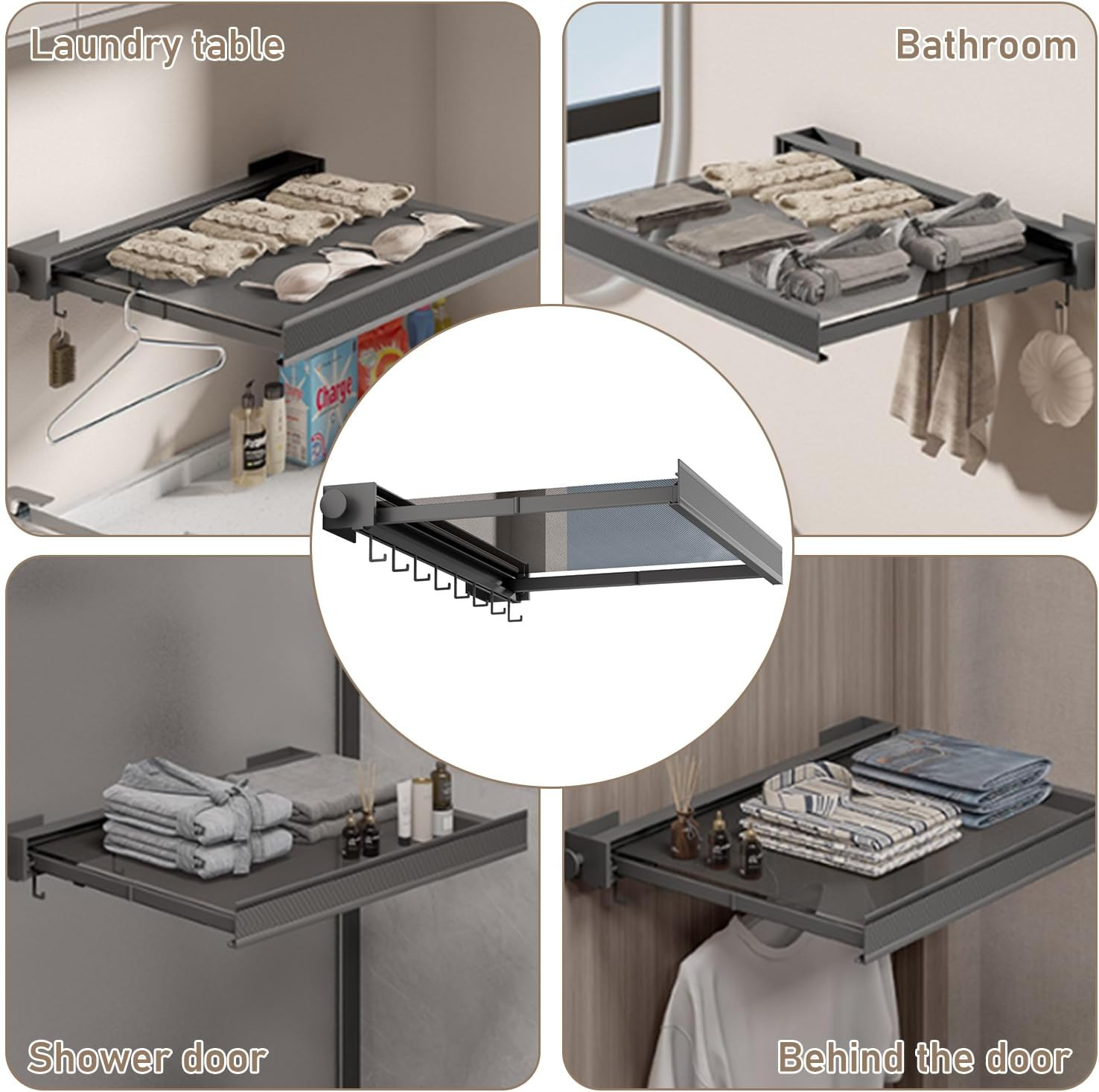 Uandhome Foldable Clothes Drying Rack, Aluminum Mesh Hanger, Wall Mounted, 8 Hooks, Laundry Drying Rack for Bathroom, Balcony, Wash Basins (Black, 64Cm) image number 3