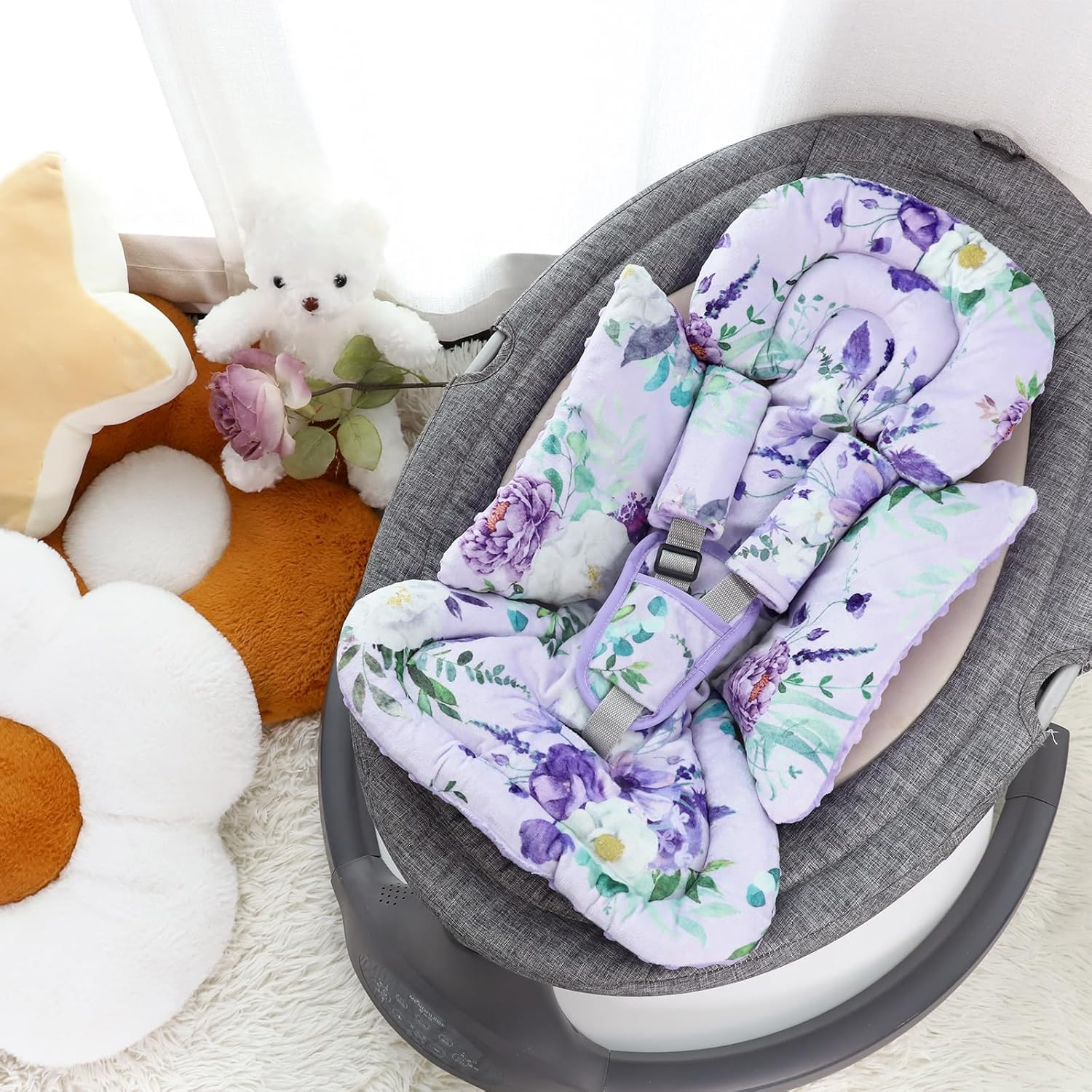 Infant Car Seat Insert and Strap Covers, Very Soft Car Seat Head Support Baby Girl Boy, Reversible Newborn Carseat Insert Cushion Fits for Stroller, Baby Swing, Bouncer (Purple Floral) - White Animals image number 4