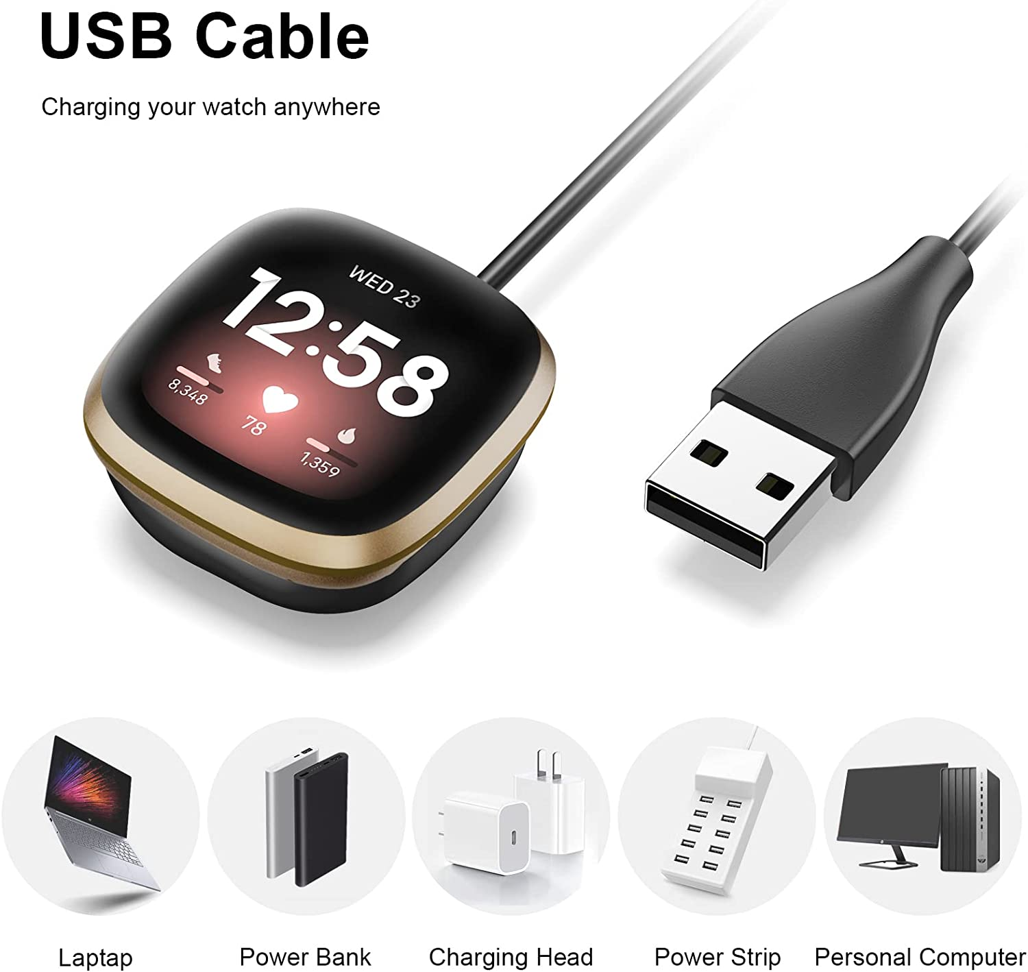 [2 Pack 1M+50CM] Magnetic Charger for Fitbit Versa 4 Chargers&Fitbit Versa 3 Chargers&Fitbit Sense 2 Chargers&Fitbit Sense Chargers, Replacement USB Charging Cable Dock for Fitbit Versa 4/3/Sense/2 image number 5