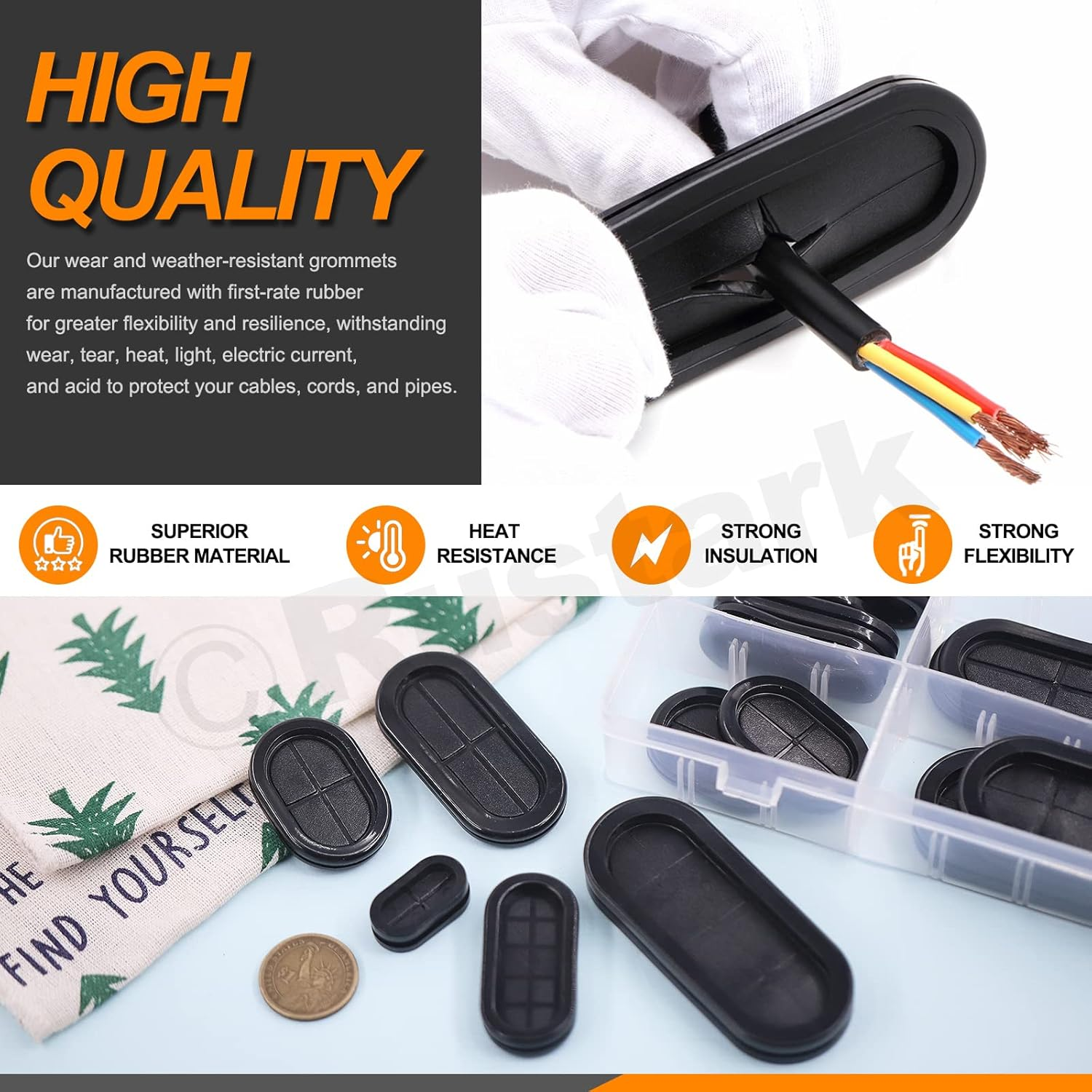 Closed Rubber Grommet Assortment Kit Double Sided Rubber Grommets Hole Plug for Wire Protection Electrical Appliance Cable Drill Hole Firewall (Black, 20Pcs Oval Grommet Kit) image number 4