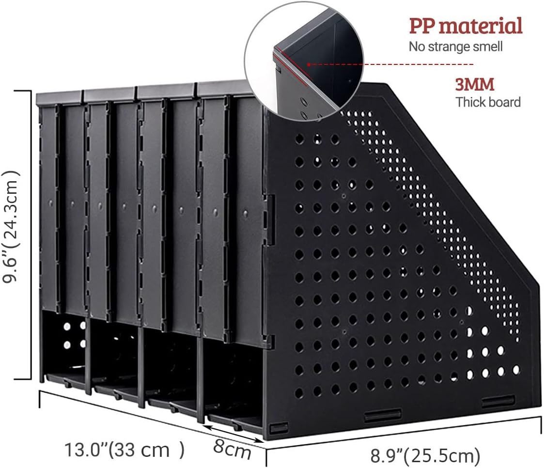 SAYEEC Collapsible File Organizer Magazine Holder Desktop 4 Compartment File Holder Plastic Divider Sorter Adjustable Stand Office Document Organizer Storage Bins Home School File Box (Black) image number 2