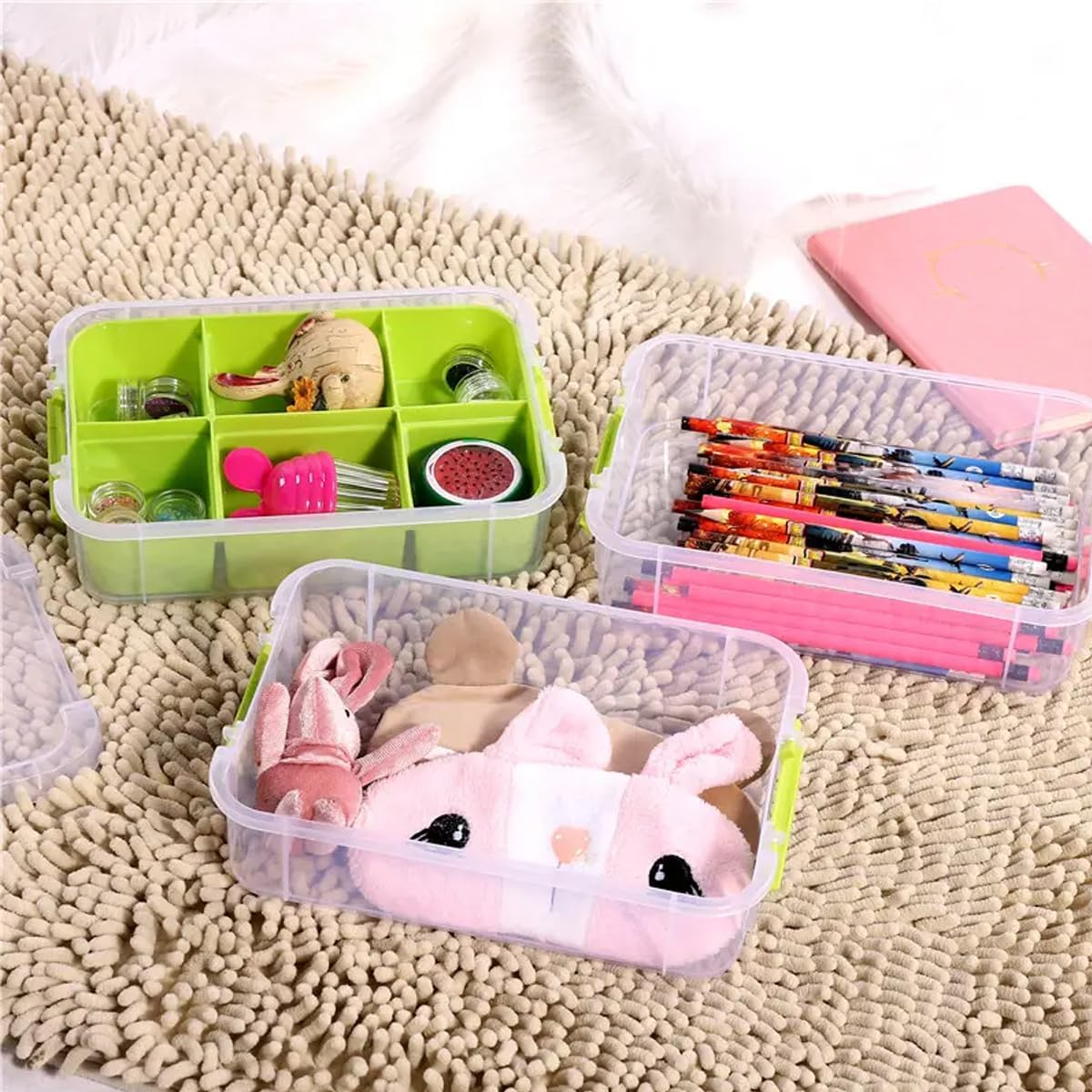 AIMALL 3-Layer Small Storage Box with 1 Inner Compartment, Green,  & Toy Organizer, Stackable Drawer for Toys and Small Parts, 10.23X6.96X7.48 Inches