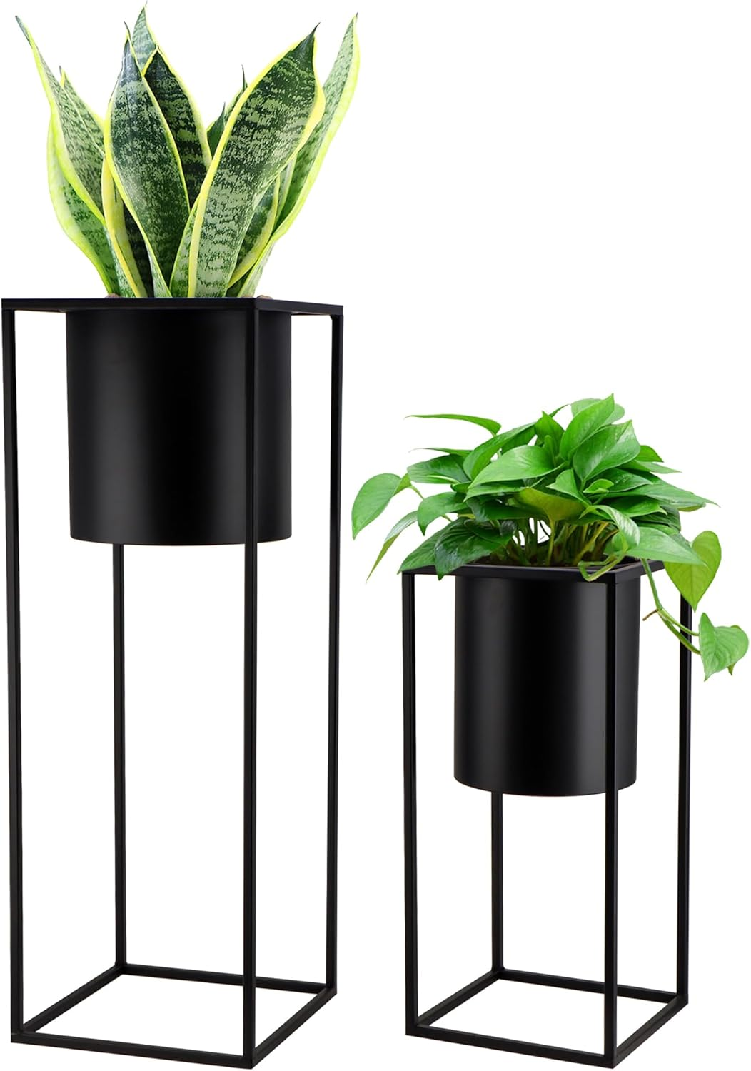 TRIROCKS Set of 2 Planters with Stand Indoor Otdoor Black Planters for Indoor Plants 28 &18" Tall Morden Planters Flower Pots for Living Room Corner Kitchen Office Garden Balcony Patio Decor(Black)