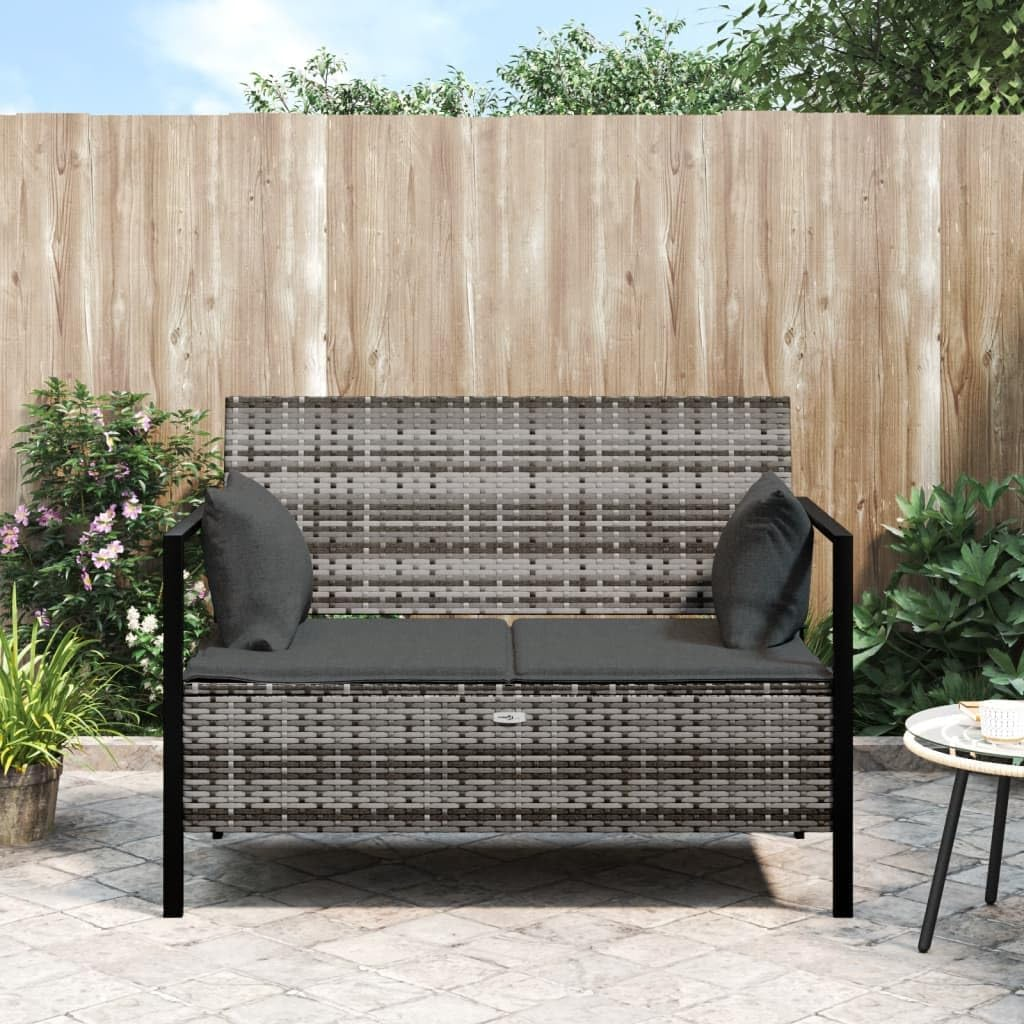 Vidaxl Comfortable 2-Seater Garden Bench with Cushions & Storage Compartment - Weather Resistant Pe/Poly Rattan in Grey - Sturdy Steel Frame -Modern Patio Furniture - Grey image number 3