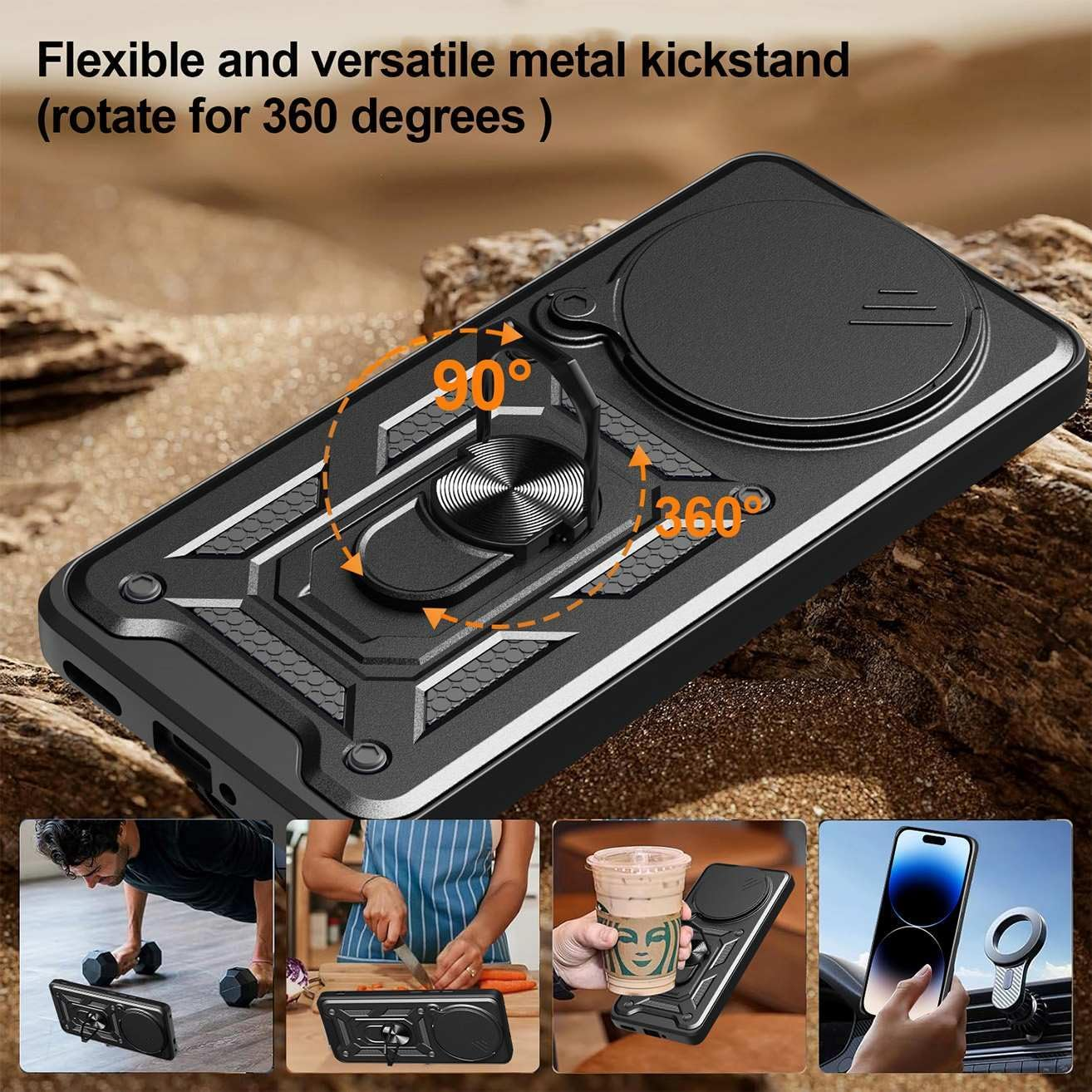 YUEQIAN Case for Xiaomi Redmi Note 14 Pro+ plus 5G, Sliding Camera Cover & Rotating Stand Ring Shockproof Mobile Phone Case, Hard PC + TPU Military Armour Scratch-Resistant Protective Case, Black - Red image number 2