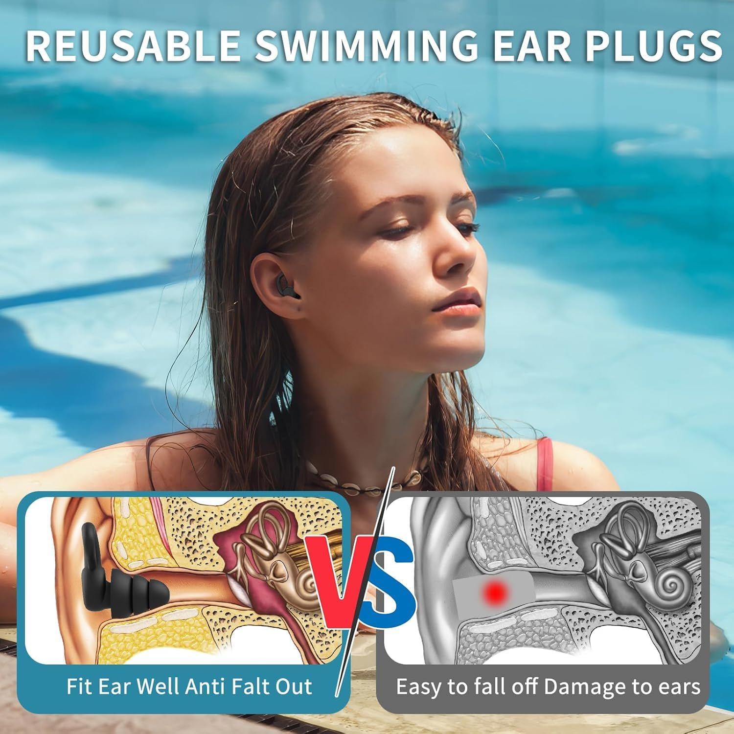 3 Pairs Swimming Ear Plugs for Adults，Silicone Waterproof Reusable Swim Earplugs for Swimming, Surfing, Showering，Water Sports and Swimming Ear Plugs. (Black + Green + Gray, Adults & Teens) - Pink + Orange + Green image number 3