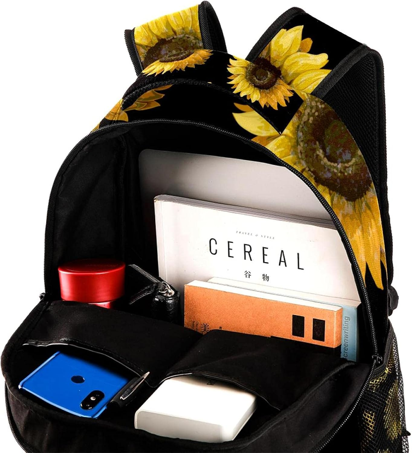 Sunflowers on a Black Background Backpack Students Shoulder Bags Travel Bag College School Tote Backpacks image number 5