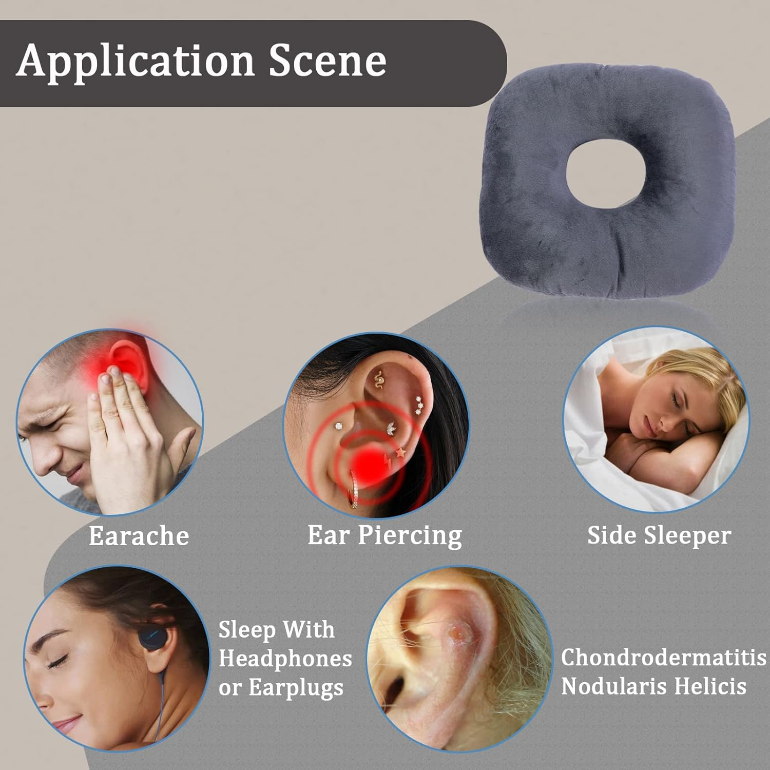 Coceyese Ear Piercing Pillow for Side Sleepers - Donut Pillow for Ear Pain Relief, Guard Pillow (Light Grey) image number 6