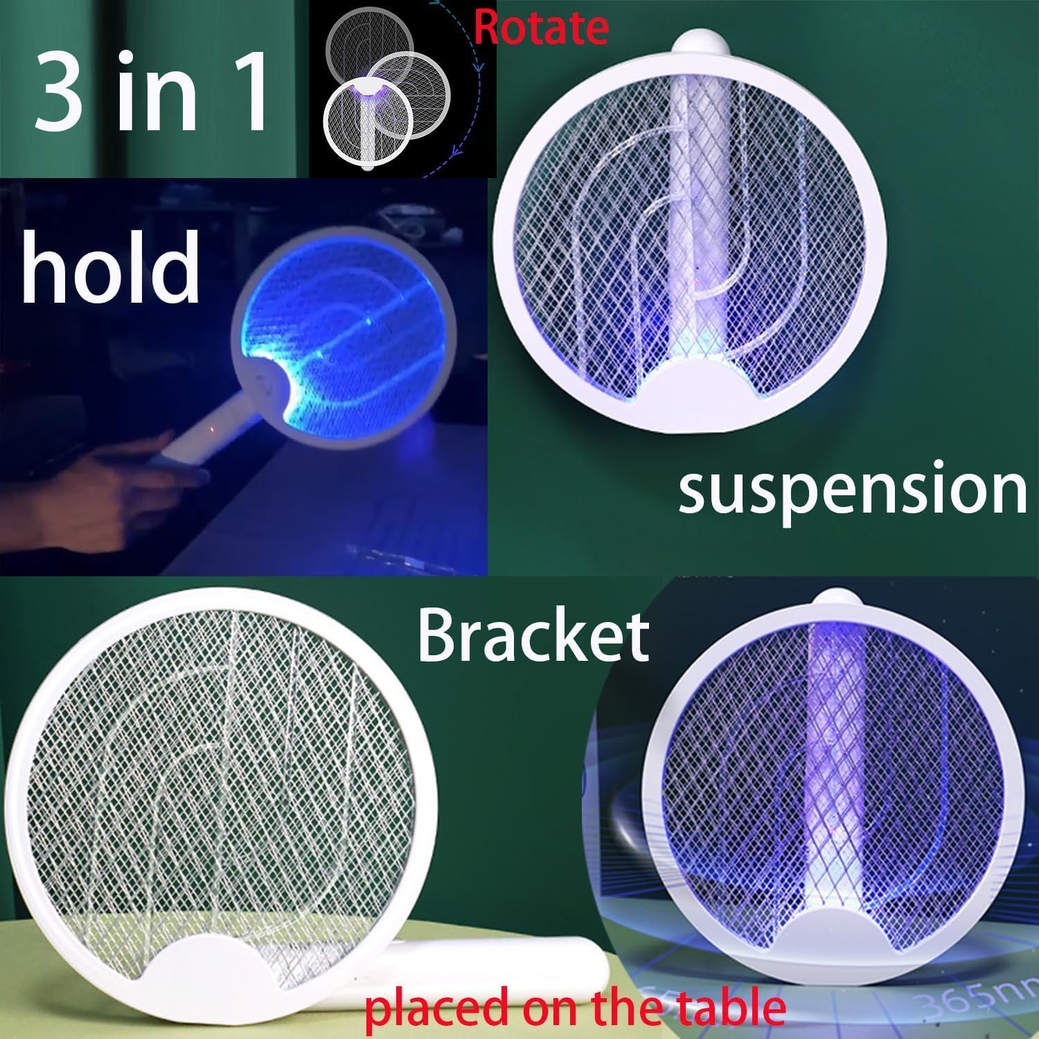 Electric Fly Swatter 3000V 2 in 1 Bug Zapper Racket Fly Killer Mosquitoes Trap Lamp Rechargeable with 1200Mah Battery for Indoor Home Office Backyard Patio Camping (1 Pack)-White image number 3