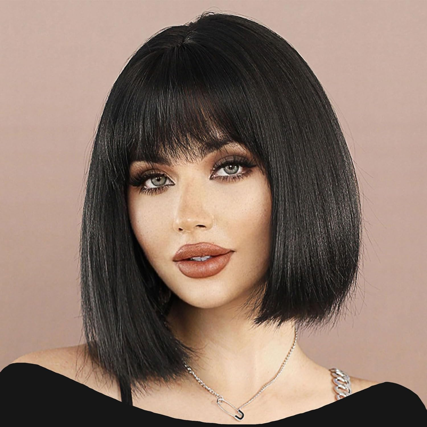 Women'S Straight Black Bob Wig with Bangs, Short Bangs, Natural Wig Heat Resistant Synthetic Black Wig (Black) image number 5
