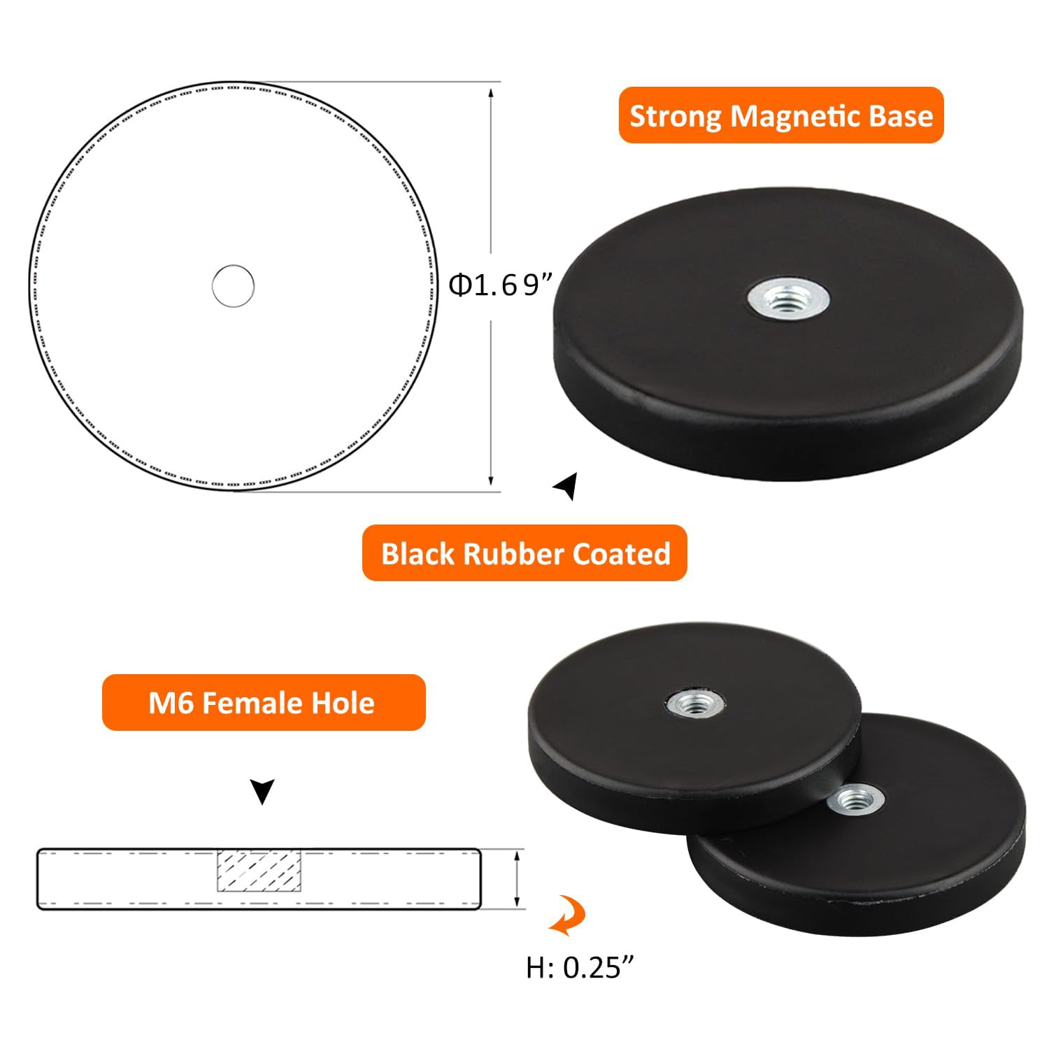 2PC Strong Neodymium Rubber Coated Magnets,D43Mm Magnetic Mounts Rare Earth Magnet M4 Female Threaded Hole Magnet for Tractor Mirror Camera Bracket Mount Lights Van Equipements image number 4