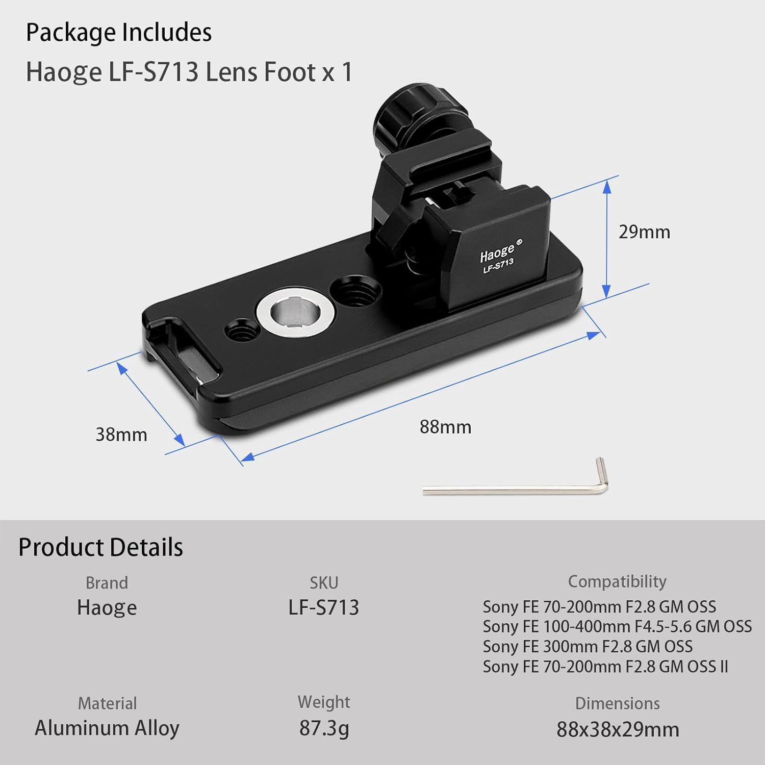 Haoge LF-S713 Lens Collar Replacement Foot for Sony FE 70-200Mm F2.8 GM OSS and Sony FE 100-400Mm F4.5-5.6 GM,FE 300Mm F2.8 GM OSS Lens Built-In Arca Type Base Support Plate image number 3