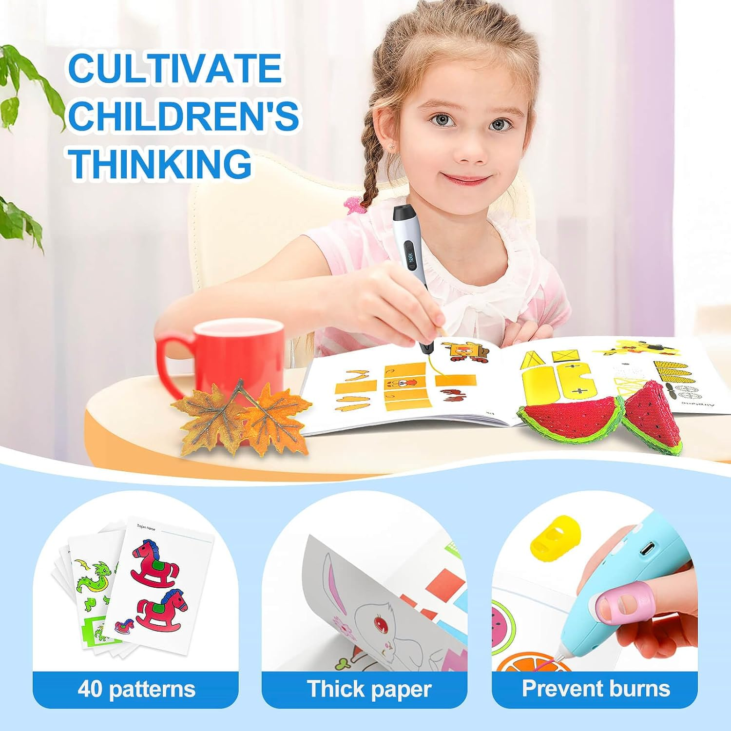 Dayker 3D Printing Drawing Book, 40 Original Patterns Painting Graffiti Template, Reusable 3D Pen Thick Paper Stencils with a PVC Copy Board for Christmas Thanksgiving Birthday DIY Gift image number 2