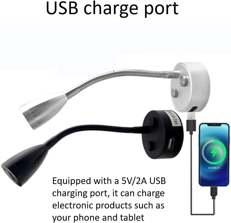 12V RV Reading Light LED Bedside Light Spotlight with 5V/2A USB Charging Port 3 CCT Touch Dimmable Flexible Gooseneck Wall Lamp for Boat, Motorhome, Camper Caravan Van Interior Lighting (White) image number 6