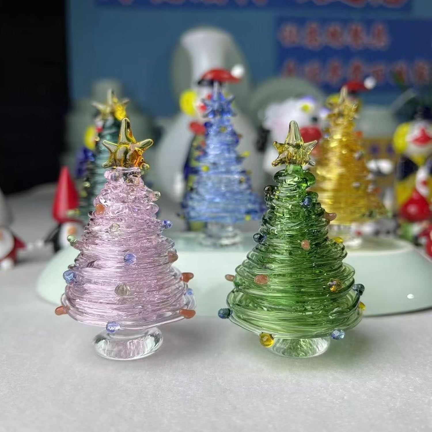 Glazed Glass Christmas Tree,Mini Small Tabletop Crystal Christmas Tree Figurines Home Decor,Collectible Art Glass Christmas Tree Statue for Bedroom, Collector'S Item image number 1