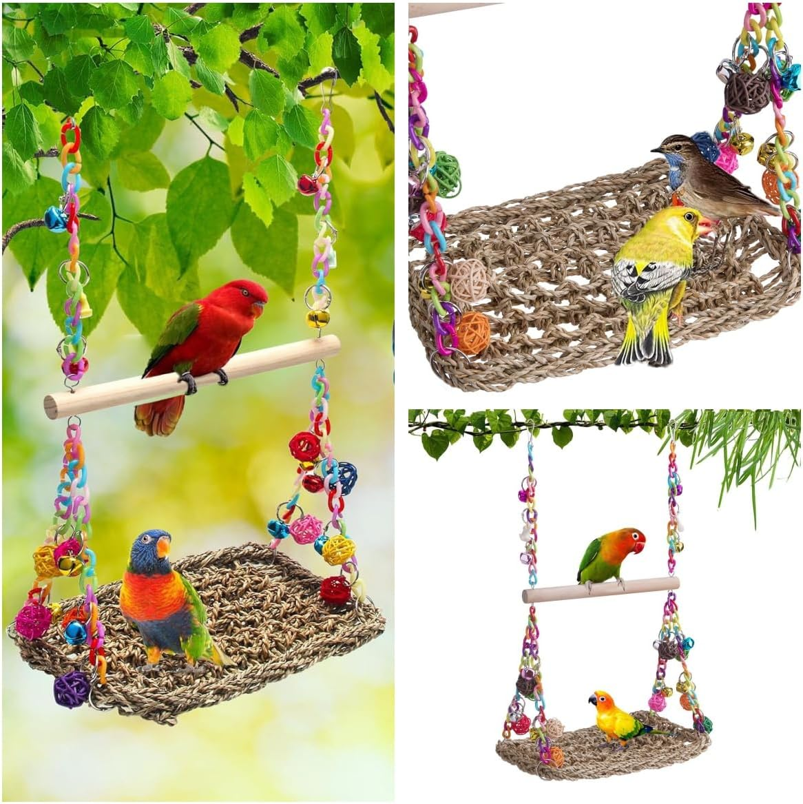 Rattan Weaving Bird Swing Hammock with Stand - Climbing,For Parakeets, Budgies, Cockatiels. image number 3