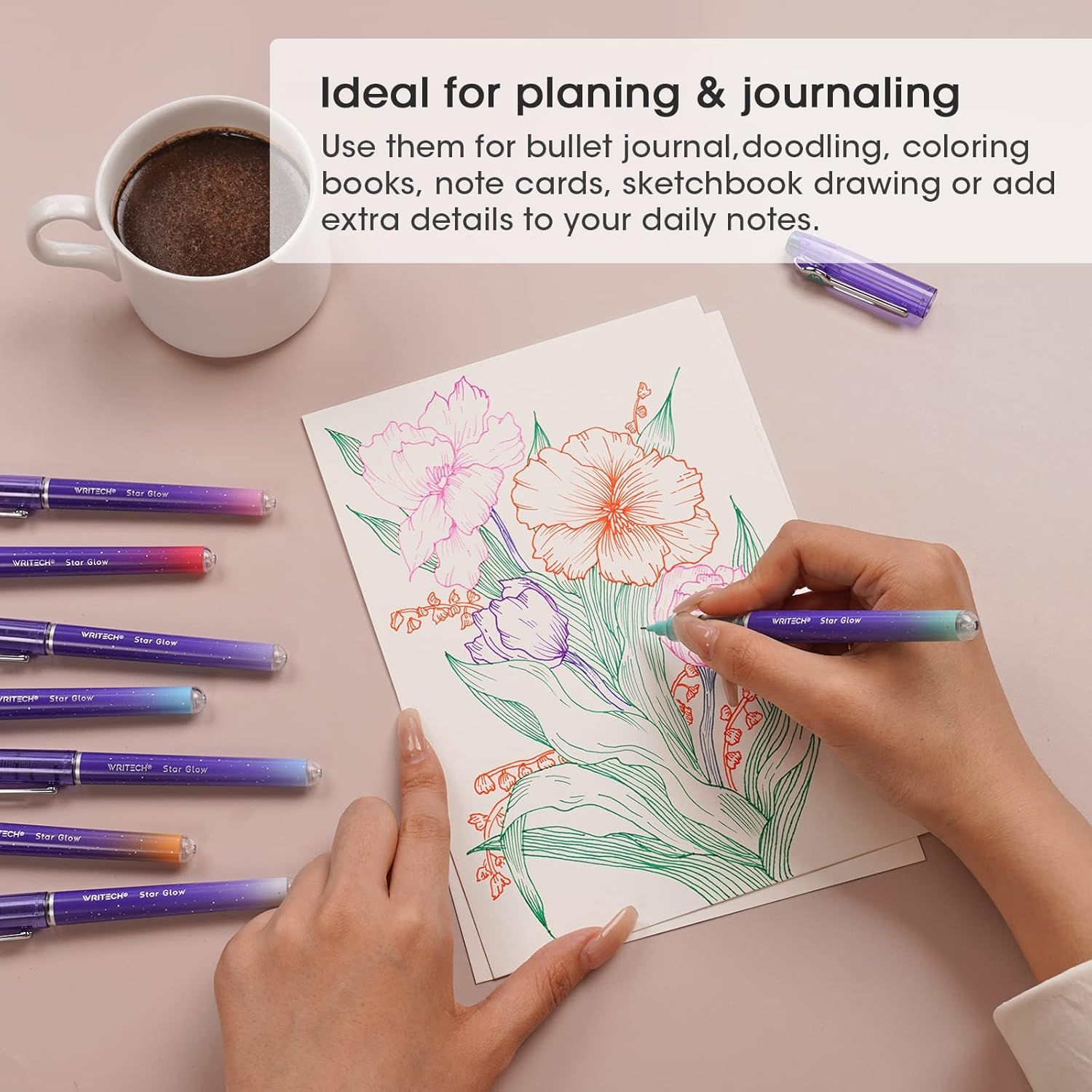 WRITECH Liquid Ink Rollerball Pens: 8Ct Assorted Colors Extra Fine Point Tip 0.5Mm Roller Ball Rolling Pen for Smooth Writing Coloring Drawing Journaling No Bleed & Smear &Smudge (WR-501SG) image number 2