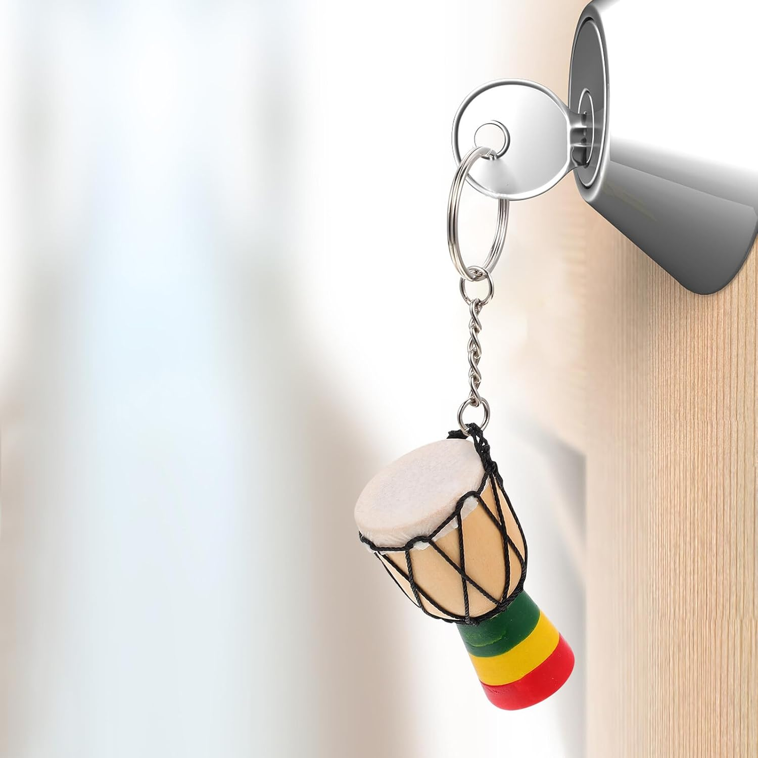 WHAMVOX African Drum Pendant Keychain Set, 3Pcs Wooden Mini African Drum Key Rings with Leather Stitching, Decorative Key Hanging Charms for Travel and Souvenirs Random Style image number 4