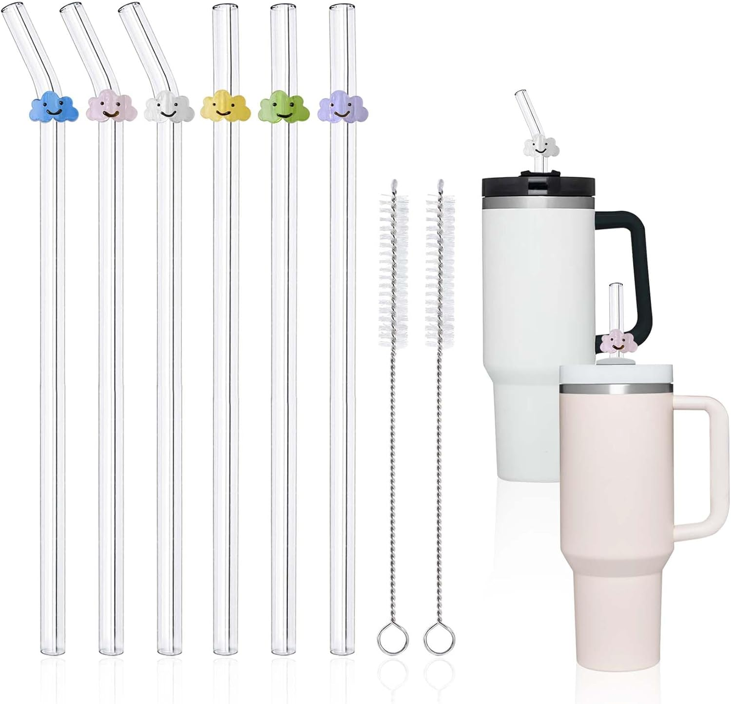 6 Pack Replacement Glass Straws for Stanley 40 Oz 30 Oz Tumbler, Cute Flower Glass Straws with Charms, Stanley Straw with Cleaning Brush Stanleys Cup Accessories