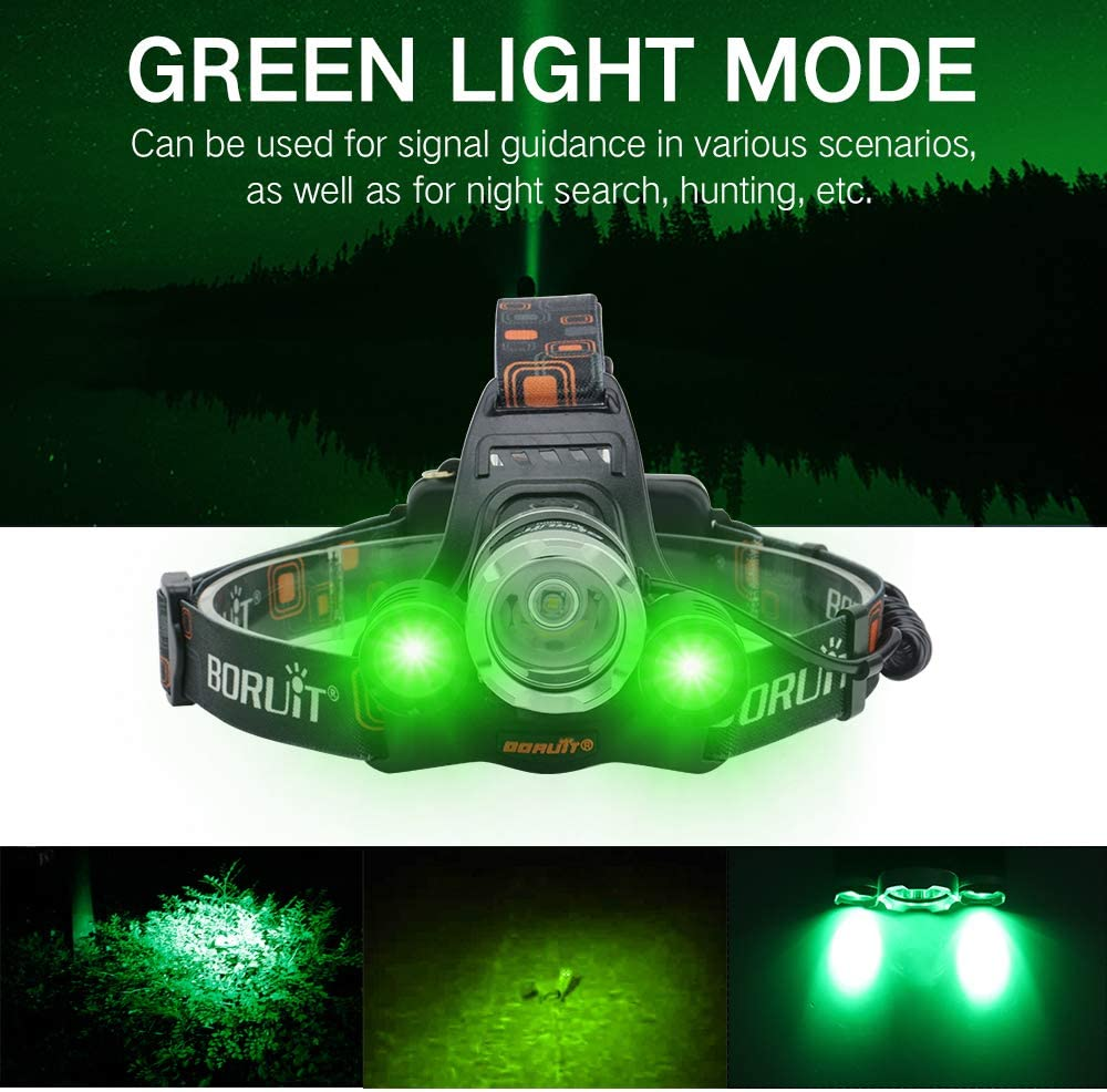Upgrade Rechargeable Headlamp, 3 Modes 5000 Lumen White Green LED Head Lights, Built-In 8000Mah Batteries Flashlight, USB Waterproof Headlight for Hunting, Fishing, Camping image number 1