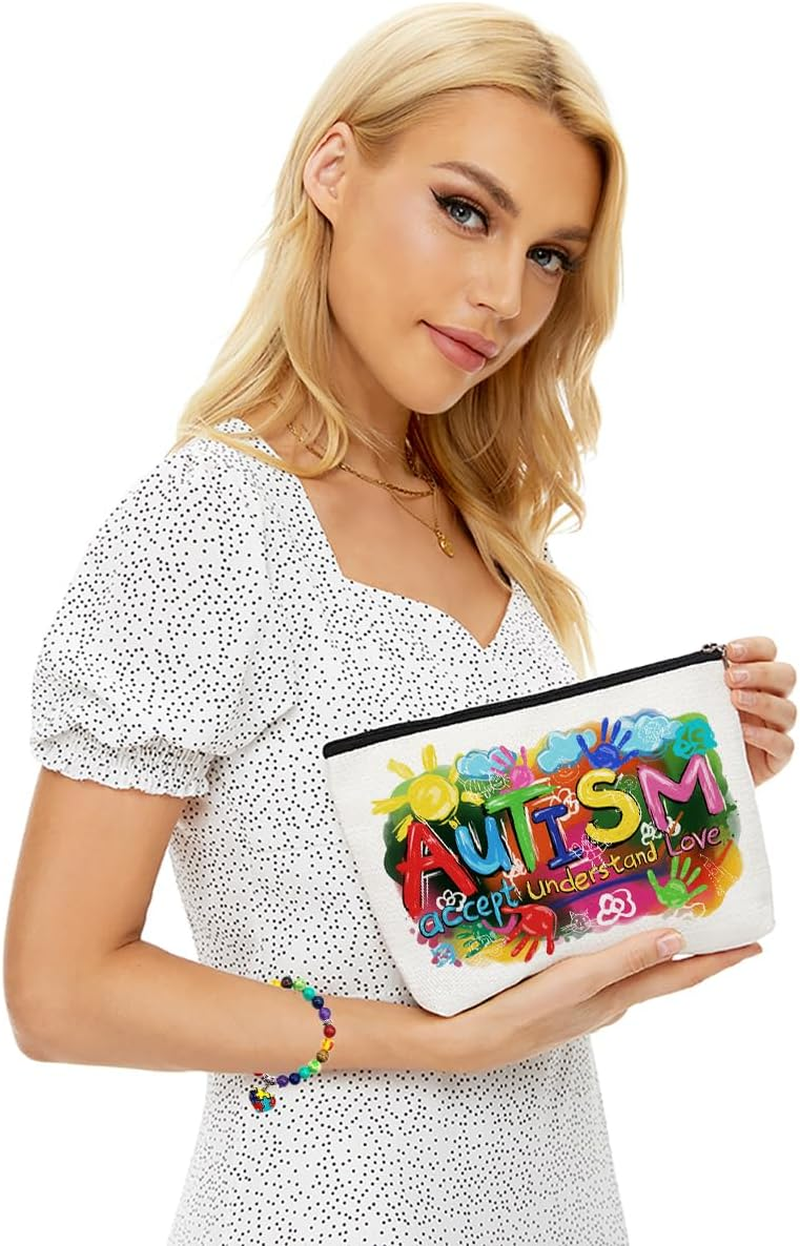 Autism Colorful Painting Makeup Bag for Women Teacher Mom, Large Capacity Makeup Pouch Travel Organizer Toiletry Cosmetic Bag, Autistic Puzzle Elastic Natural Stone Beaded Bracelet, Gifts for Women image number 2