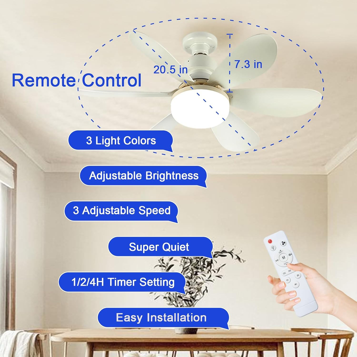 52CM Ceiling Fan with Light and Remote, Screw in Ceiling Fan in Light for Socket E26 E27, 40W Outdoor Small Dimmable Ceiling Fans with Light for Bedroom, Garage, Patios, Kitchen, Farmhouse image number 4