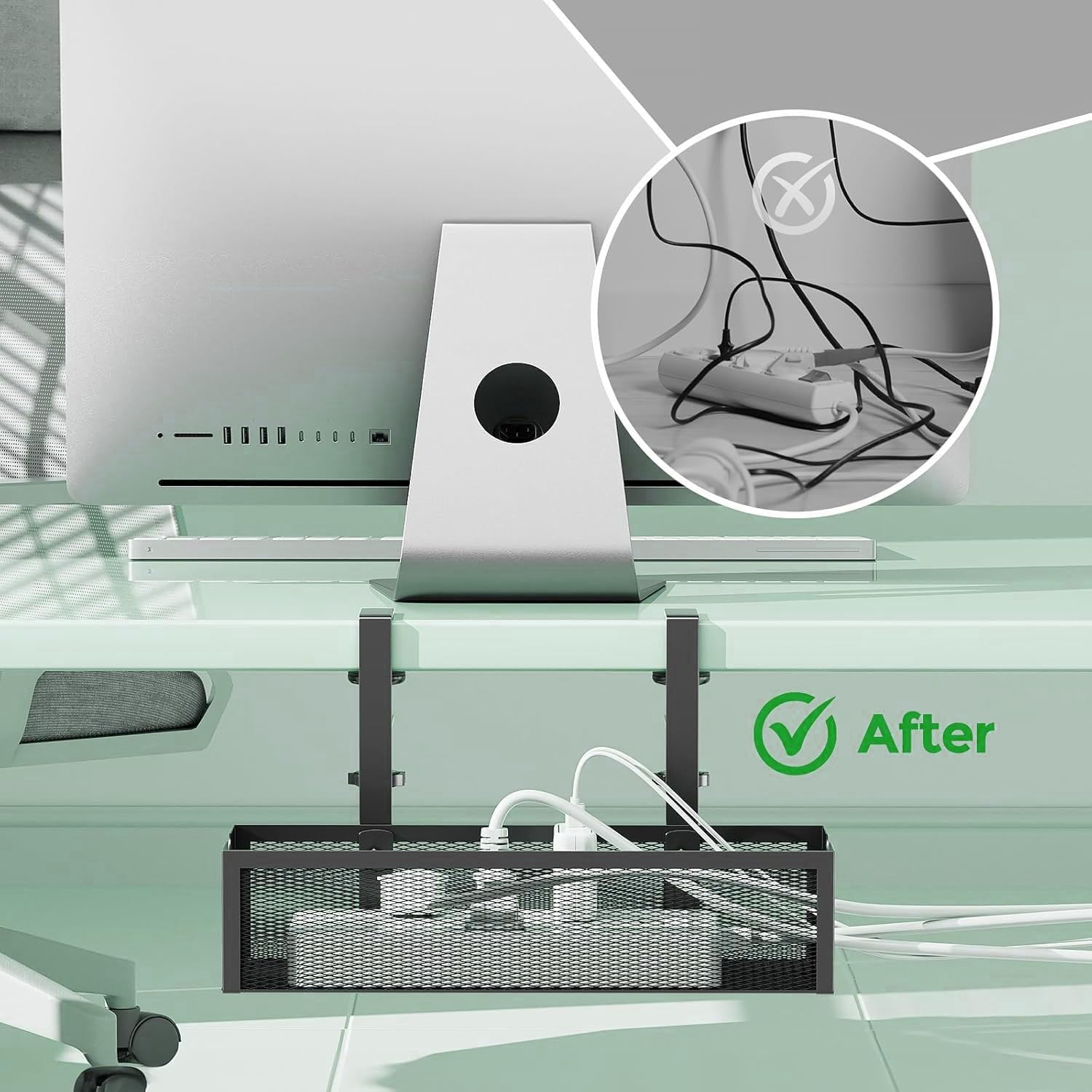 Under Desk Cable Management Tray No Drill, Metal Mesh Cable Management under Desk with Clamp Mount, Table Organizers and Accessories, Cord Storing for Home,Office and Workspace Organizers, Black - White image number 7