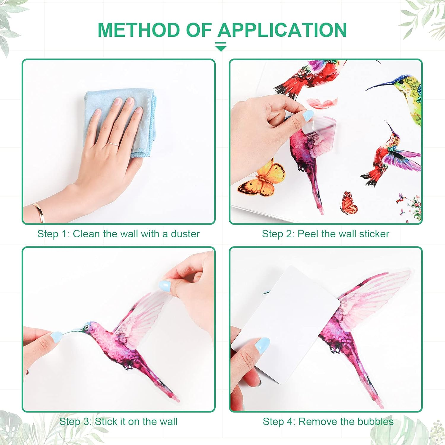 Zonon Hummingbirds Wall Decals Peel and Stick Birds Vinyl Wall Stickers Butterfly Flowers Colorful Hummingbird on the Tree Branch Flower Decals Garden Living Room Bedroom TV Decorations image number 2